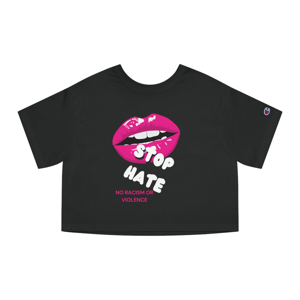 Cropped Graphic Tee — Pink Lips "No Racism or Violence" Statement Shirt