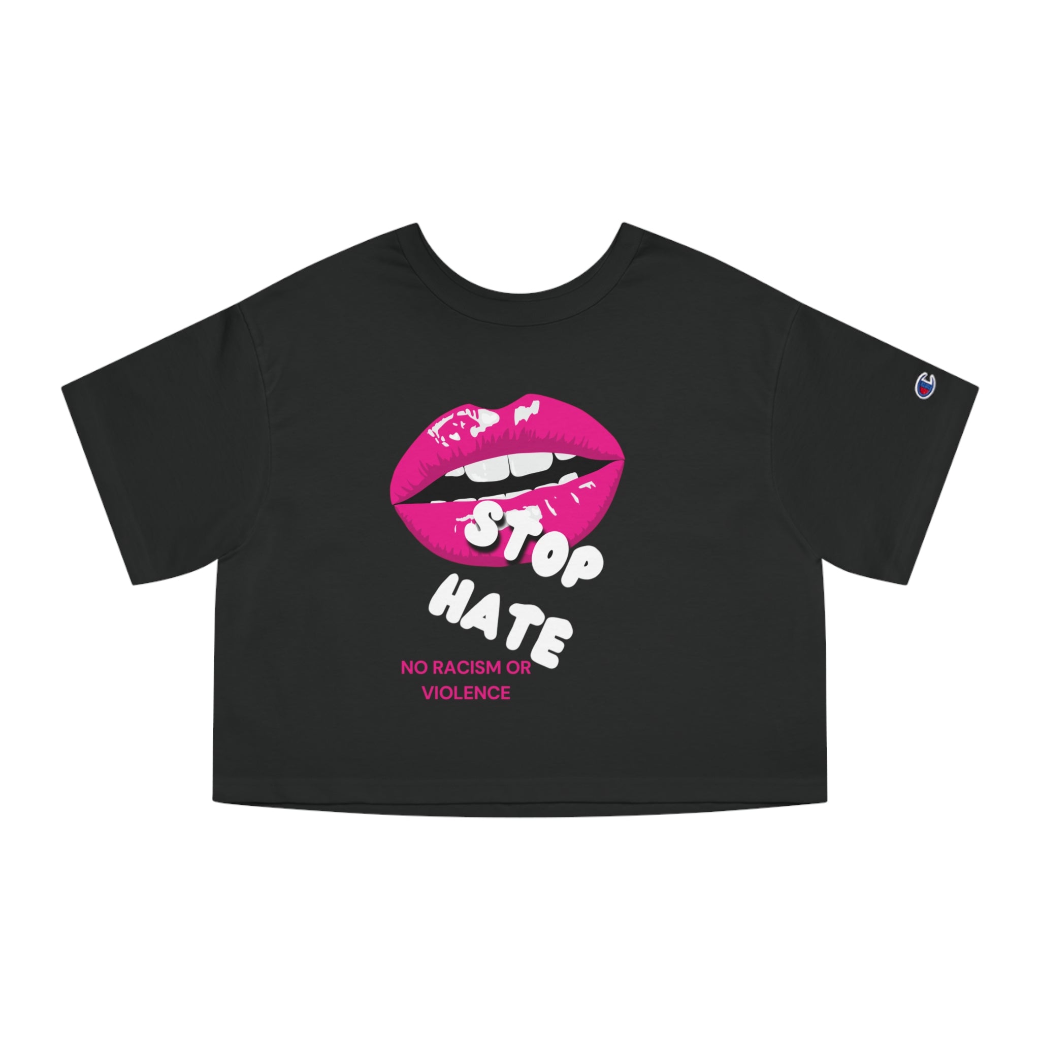 Cropped Graphic Tee — Pink Lips "No Racism or Violence" Statement Shirt