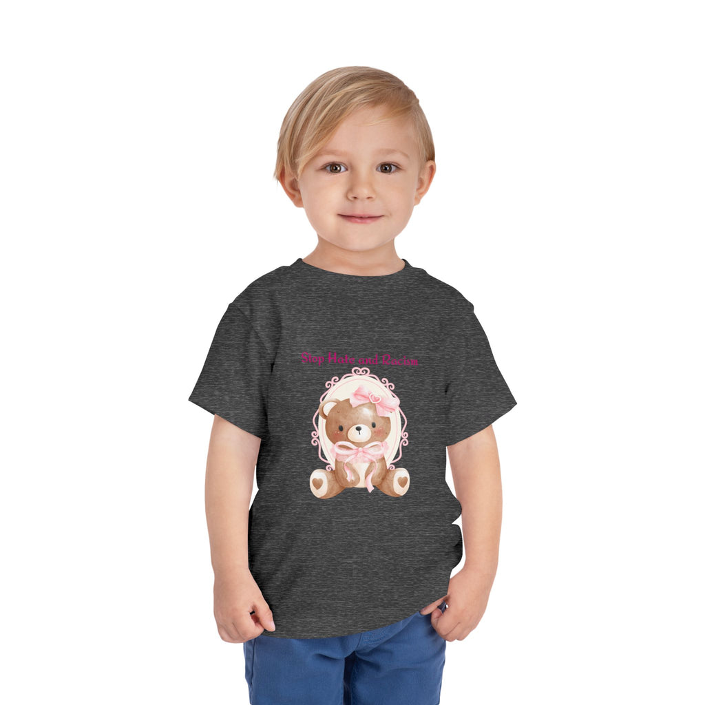 Toddler Tee – Pink Teddy "Stop Hate and Racism" Anti-Racism Kids Shirt