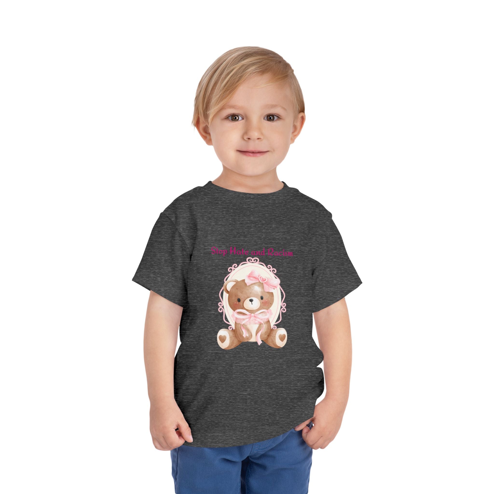 Toddler Tee – Pink Teddy "Stop Hate and Racism" Anti-Racism Kids Shirt