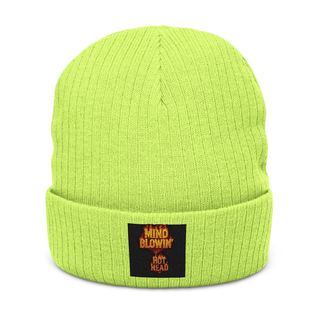 Embroidered 'Mind Blown' Flame Beanie — Ribbed Knit Winter Hat