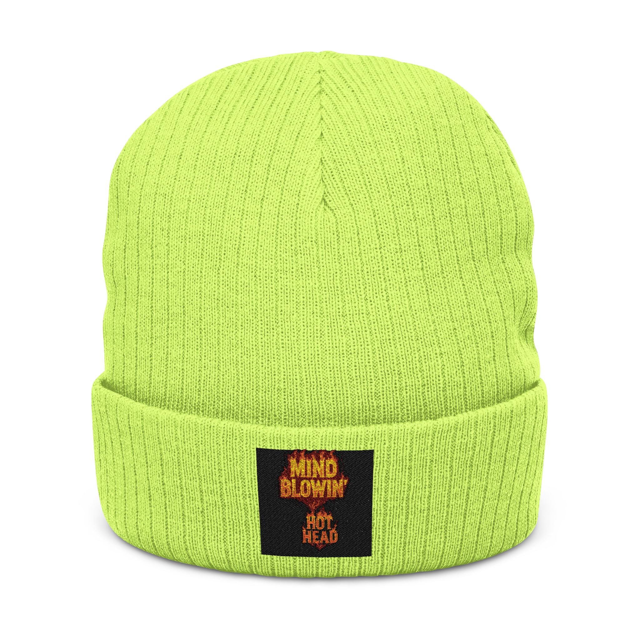 Embroidered 'Mind Blown' Flame Beanie — Ribbed Knit Winter Hat