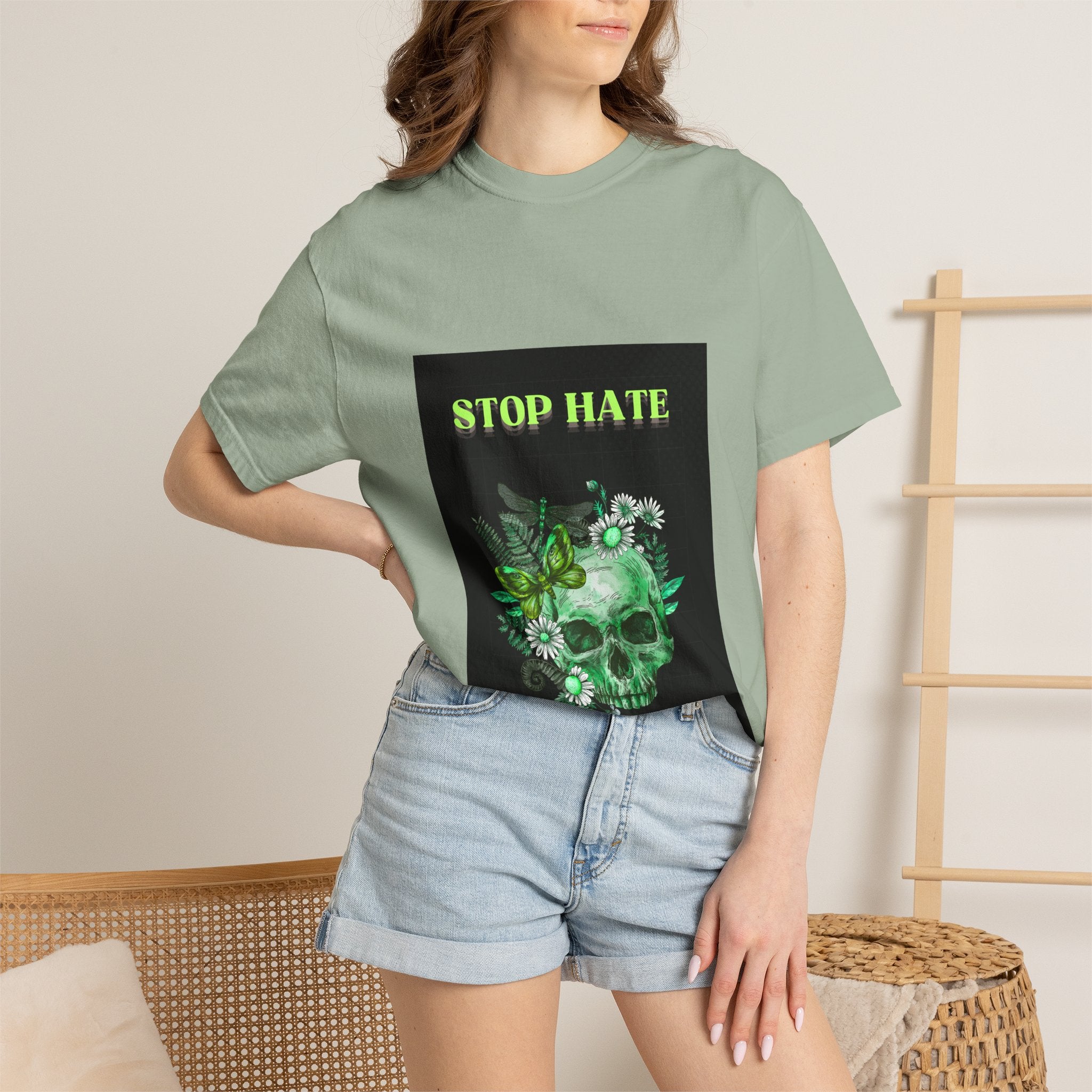 Stop Hate Skull T-Shirt — Green Floral Skull Graphic Tee