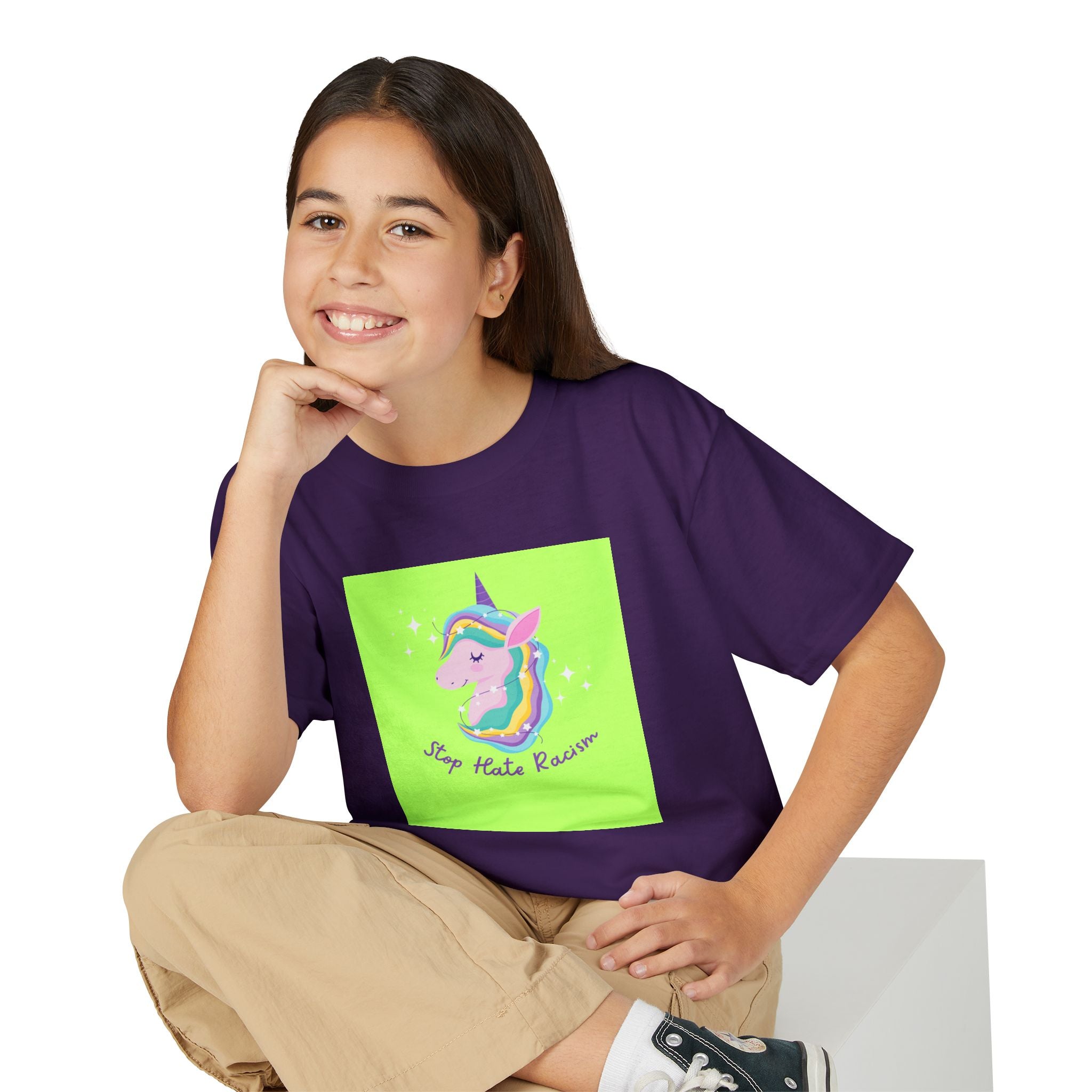 Youth T-Shirt — Rainbow Unicorn “Stop Hate Racism” Graphic