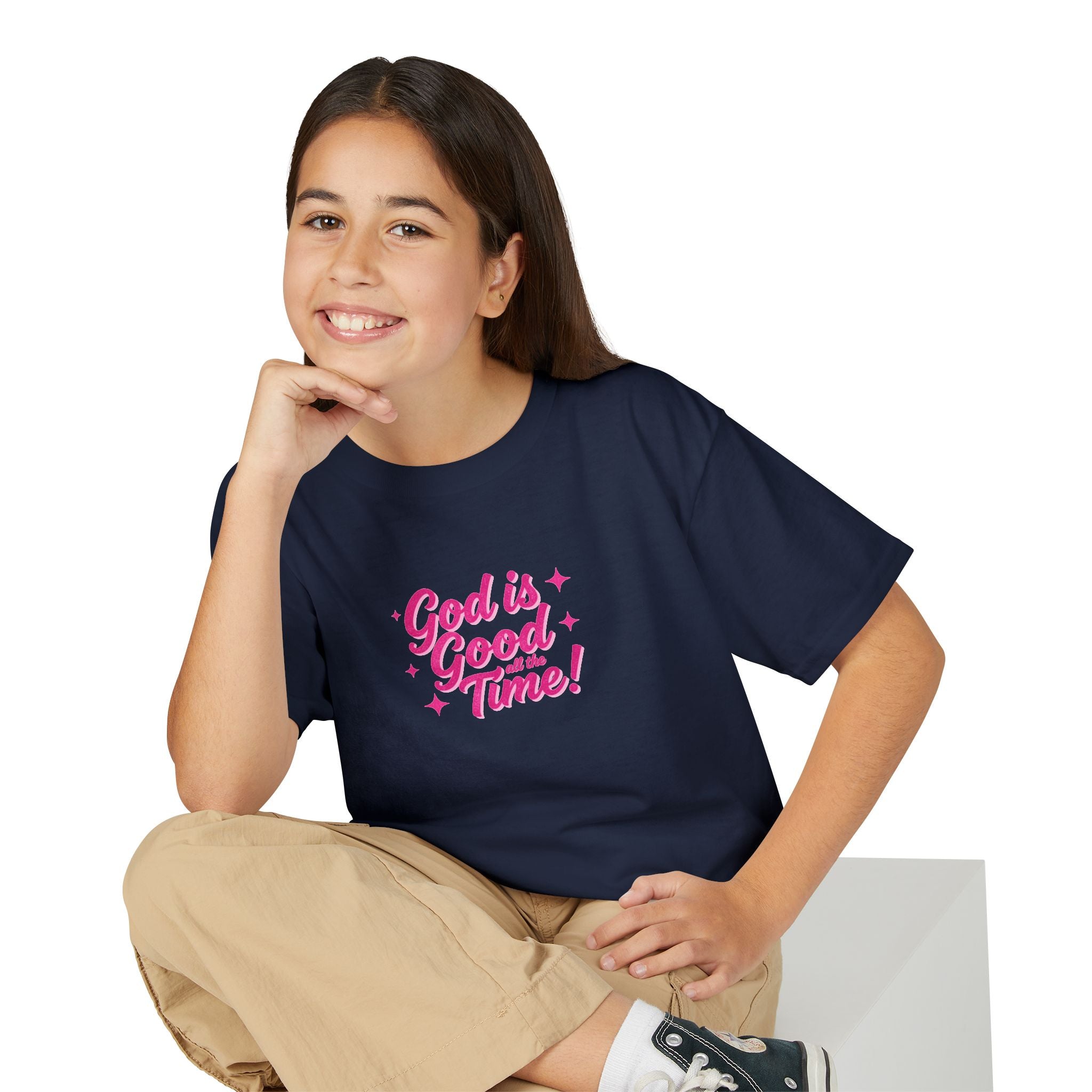 Youth T-Shirt — "God Is Good Time!" Pink Script Faith Tee