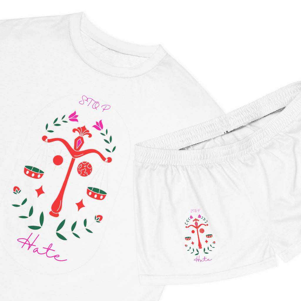 Women's Short Pajama Set - 'Stop Hate' Floral Scales Sleepwear