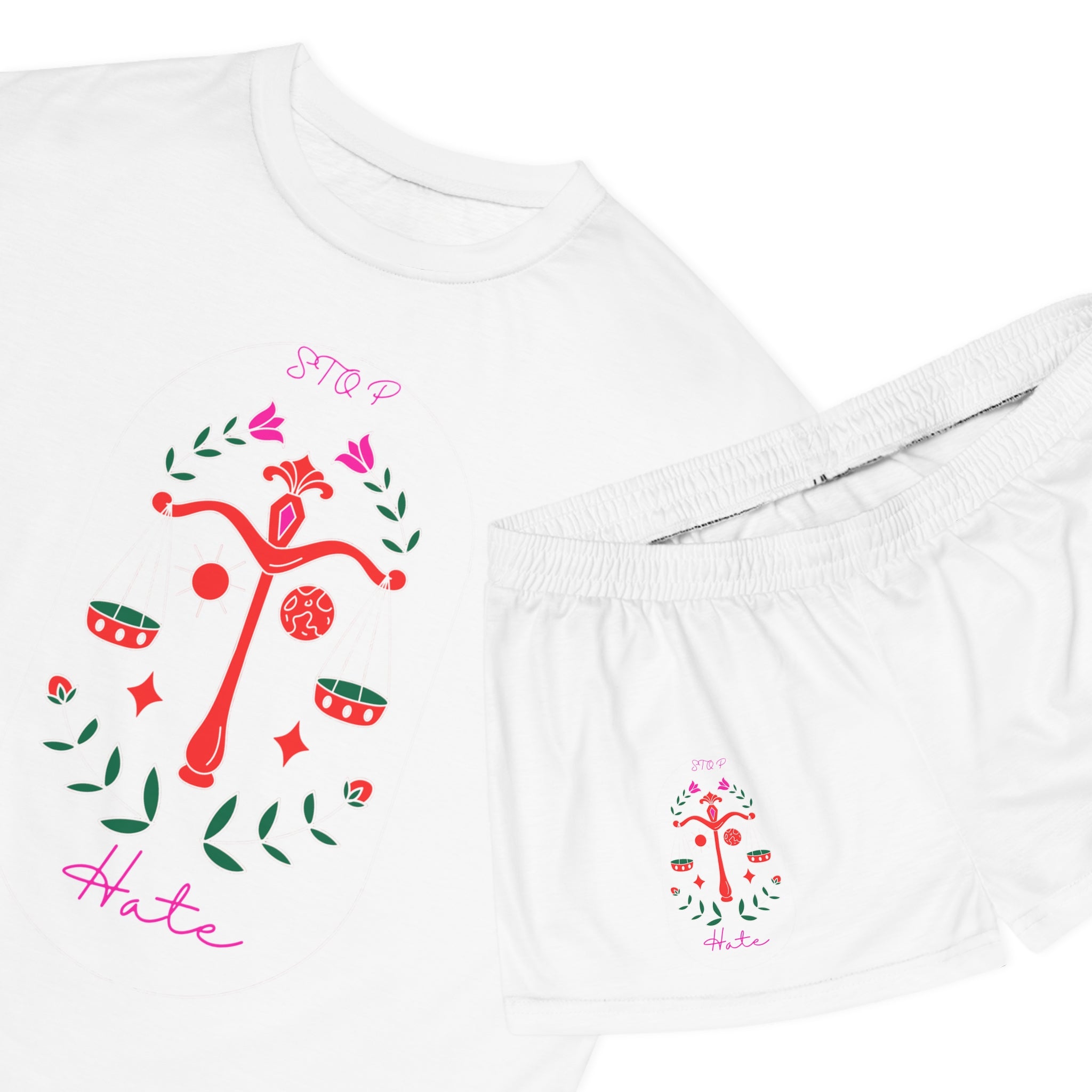 Women's Short Pajama Set - 'Stop Hate' Floral Scales Sleepwear