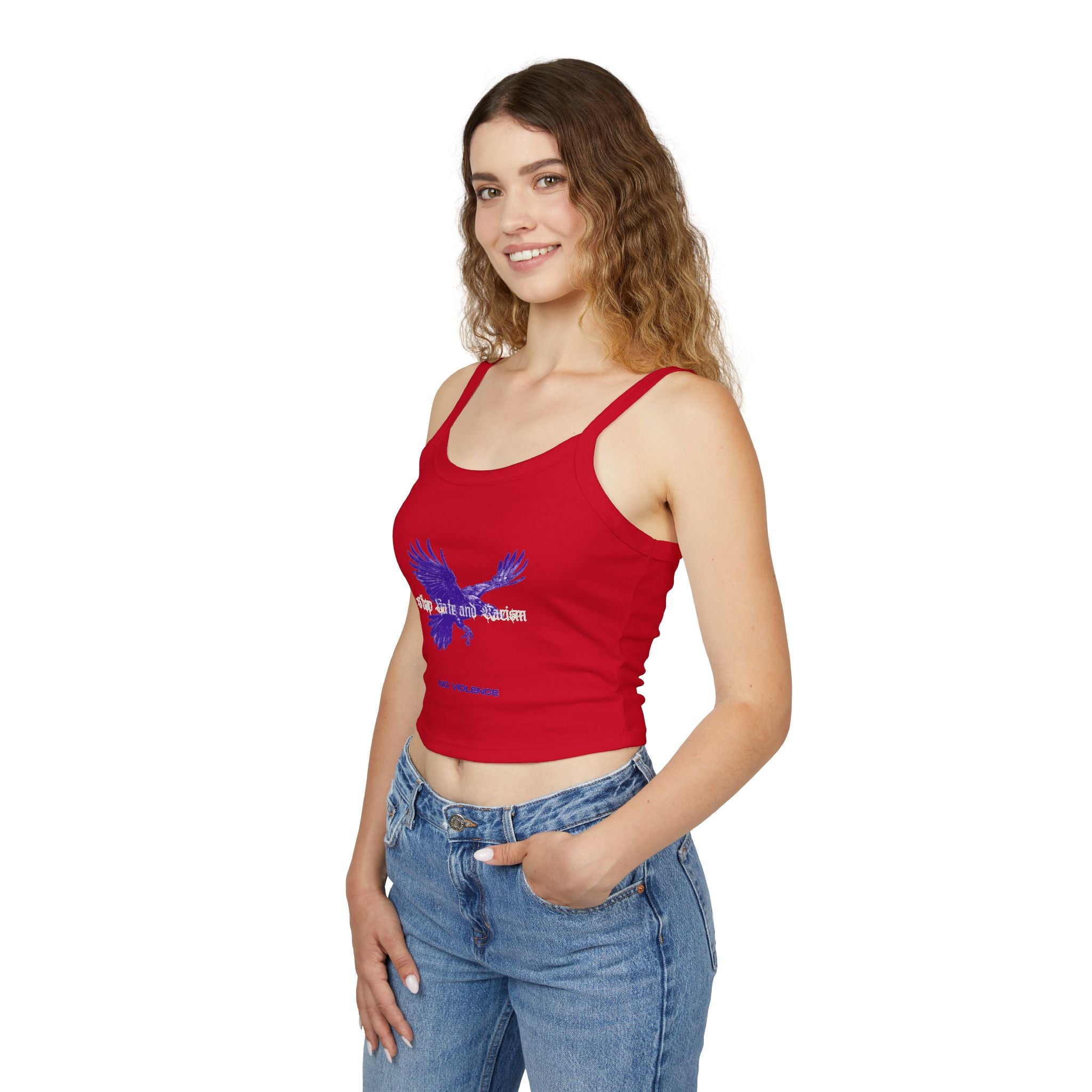 Eagle No Violence Crop Tank Top — Women's Purple Flying Eagle Graphic