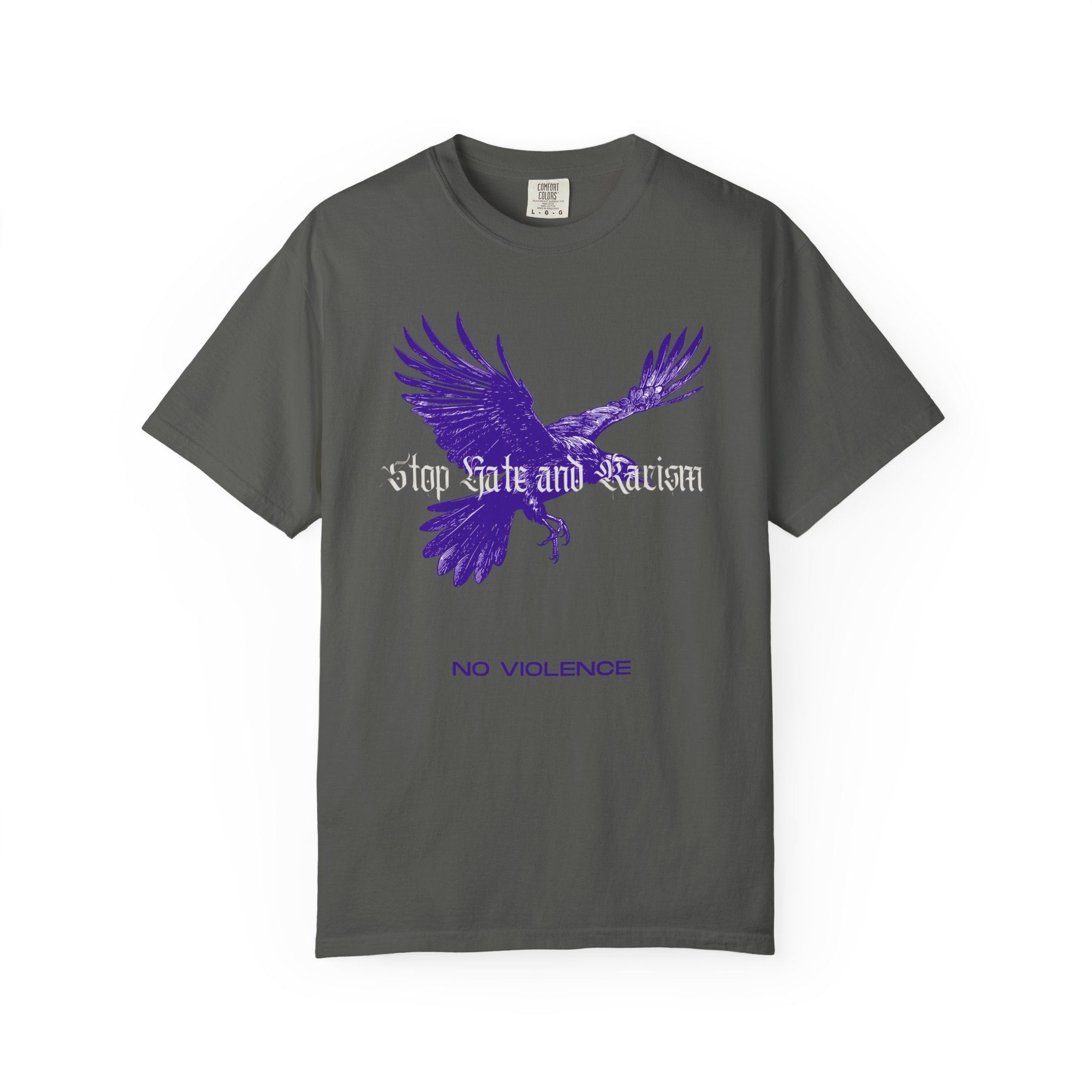 No Violence Raven T-Shirt — Purple Flying Crow Graphic Tee