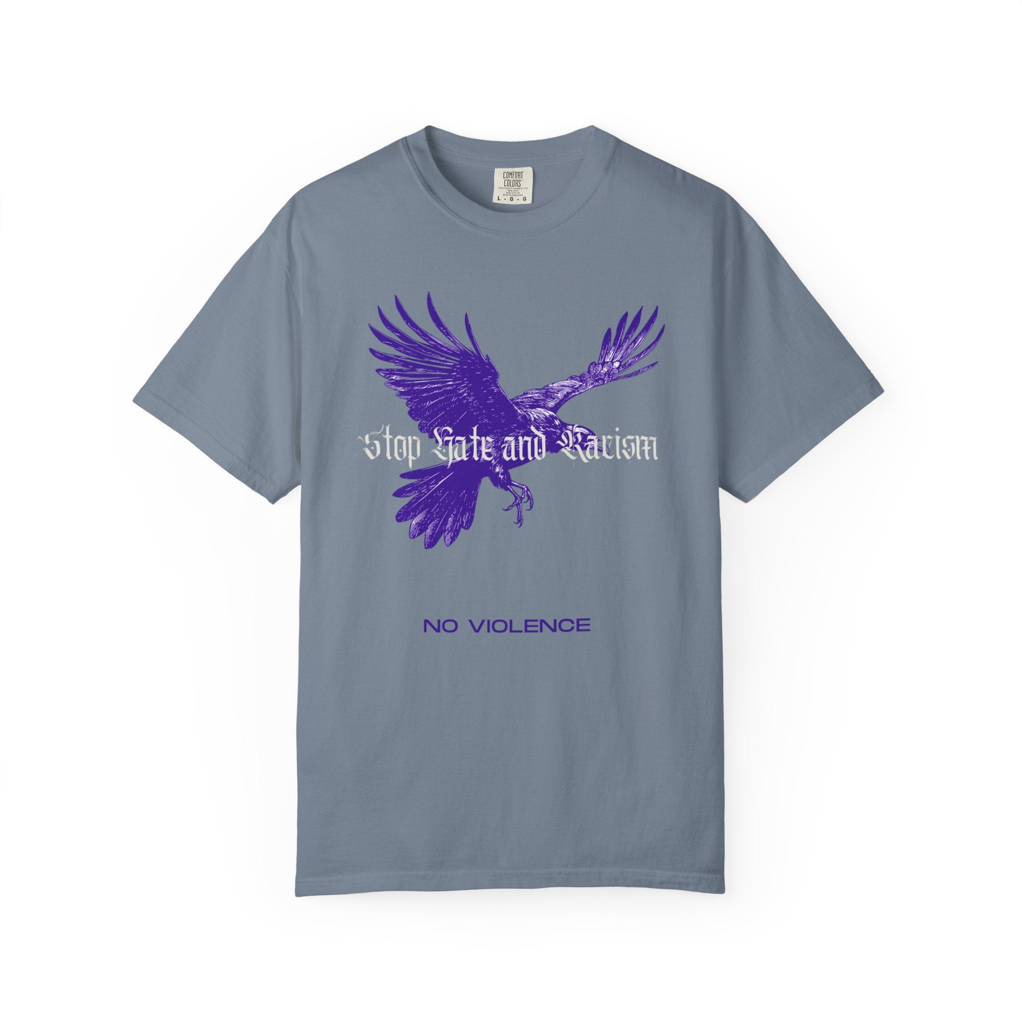 No Violence Raven T-Shirt — Purple Flying Crow Graphic Tee