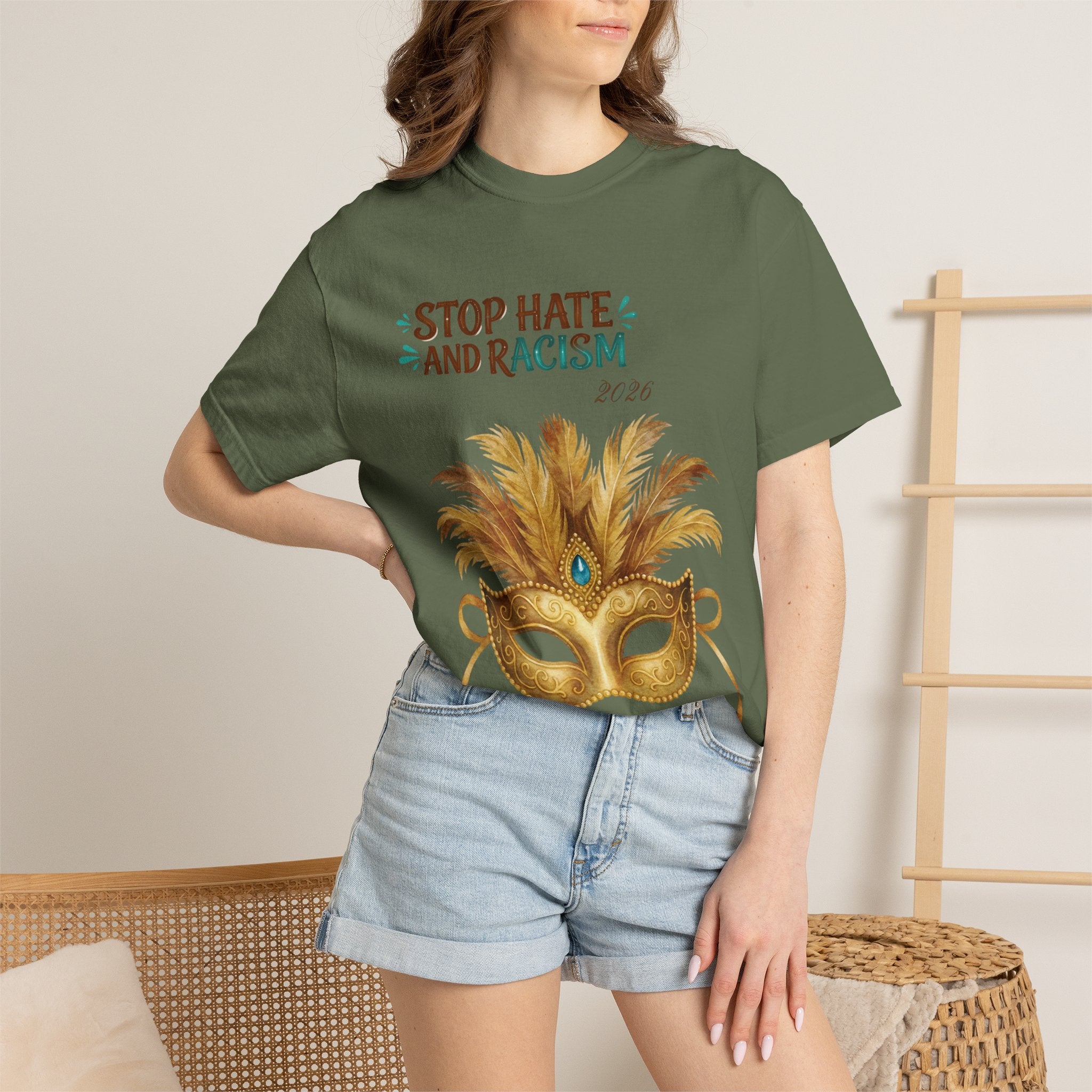 Stop Hate and Racism T-Shirt — Mardi Gras Mask Anti-Racism Tee