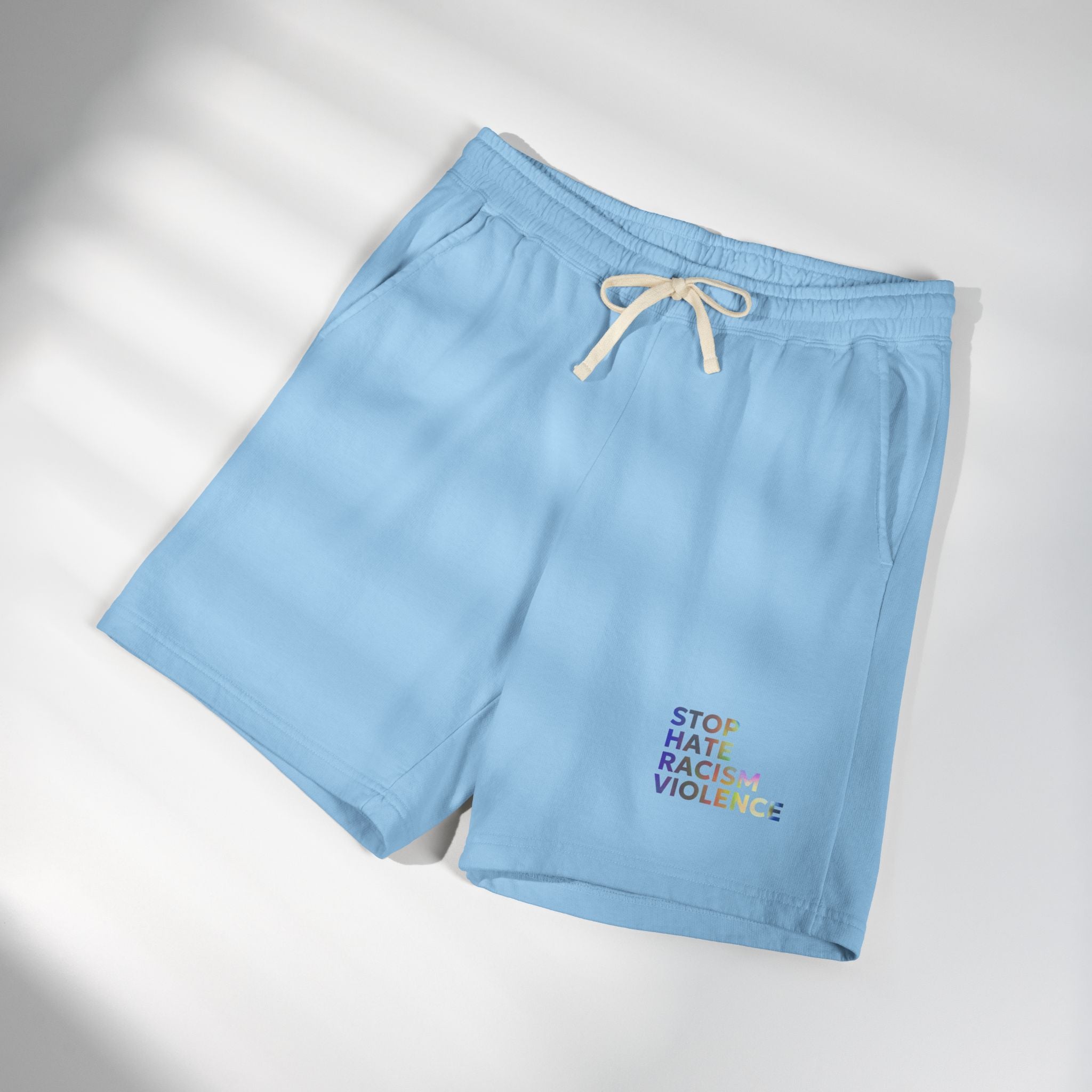 Stop Hate Shorts — Lightweight Fleece Sweat Shorts with "Stop Hate Racism and Violence" Print