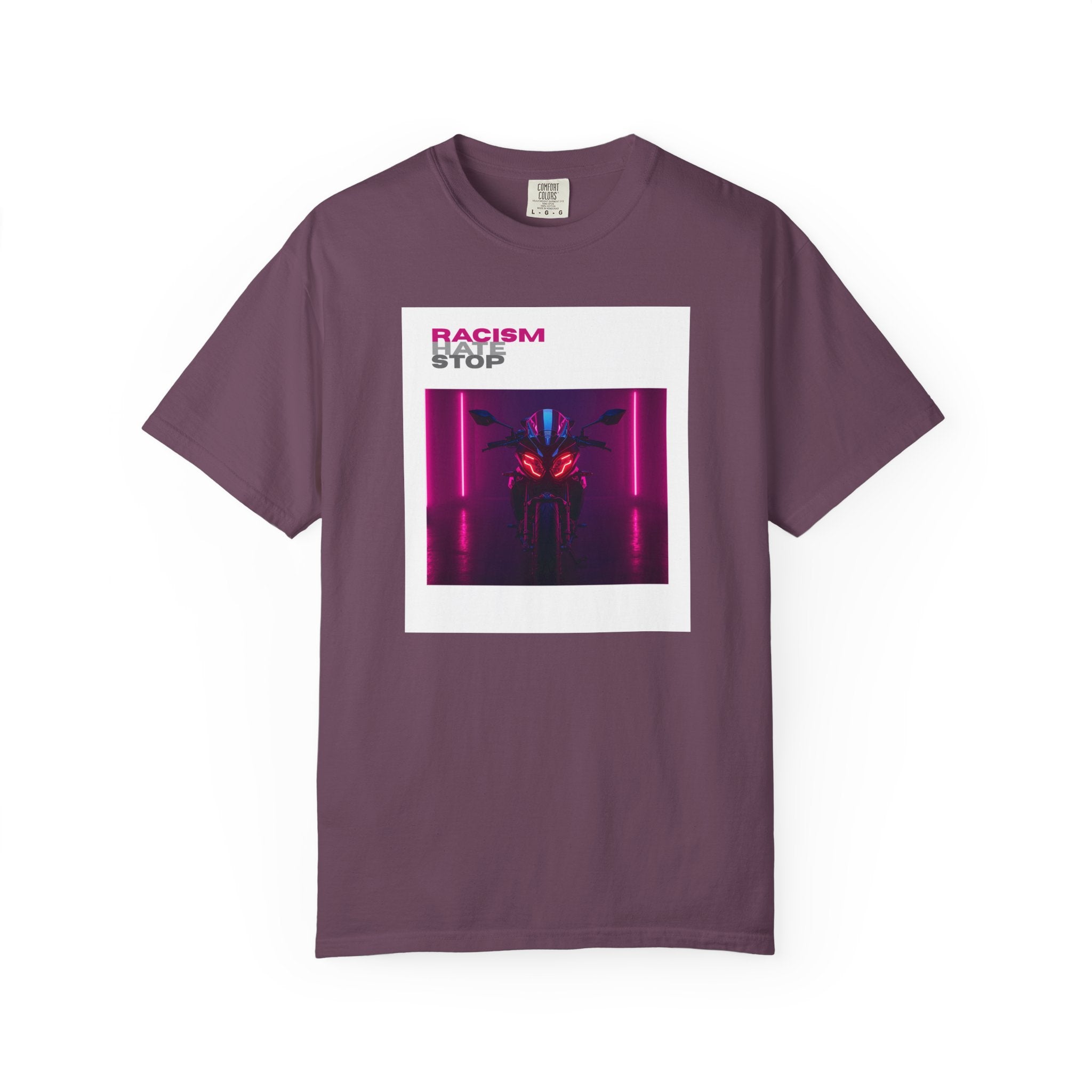 Anti-Racism Graphic T-Shirt — “Racism Stop” Neon Robot Design