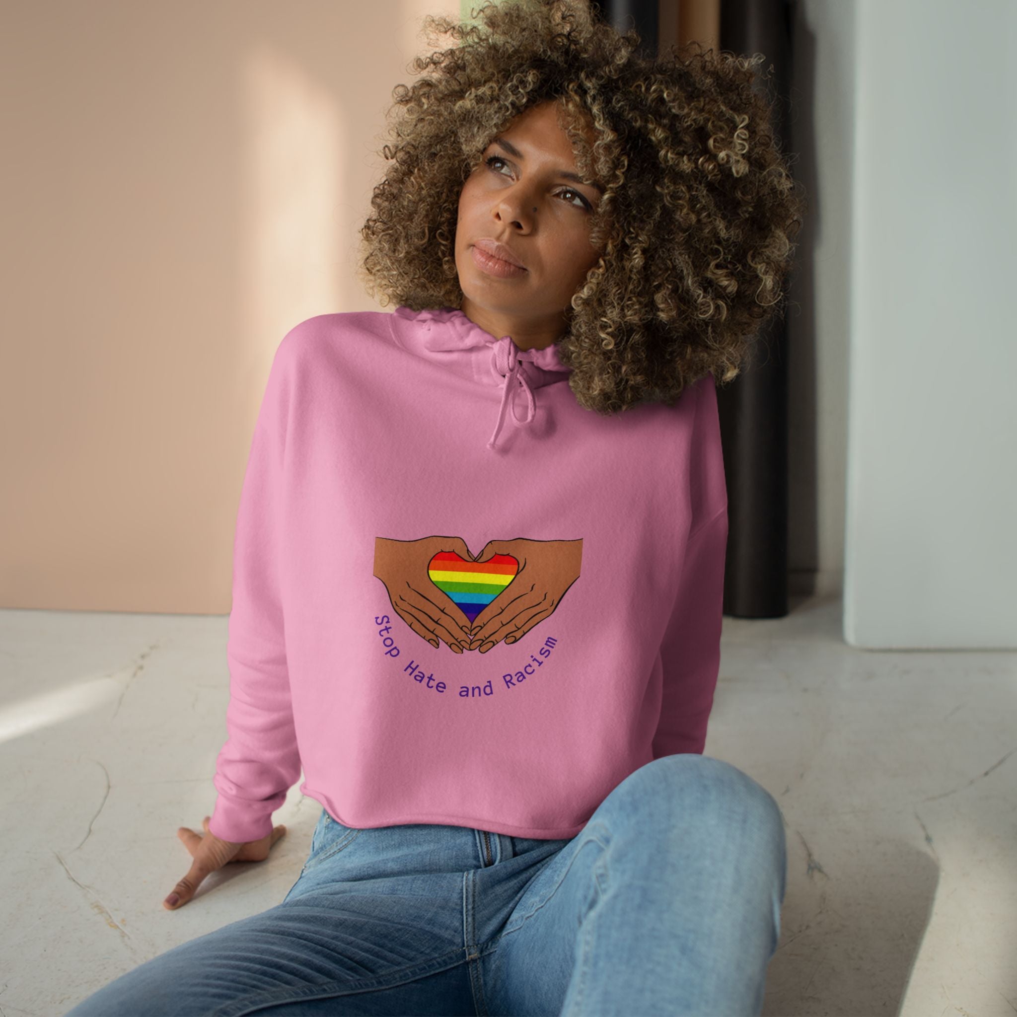 Cropped Hoodie — Rainbow Heart Hands "Stop Hate and Resist" LGBTQ+ Pride