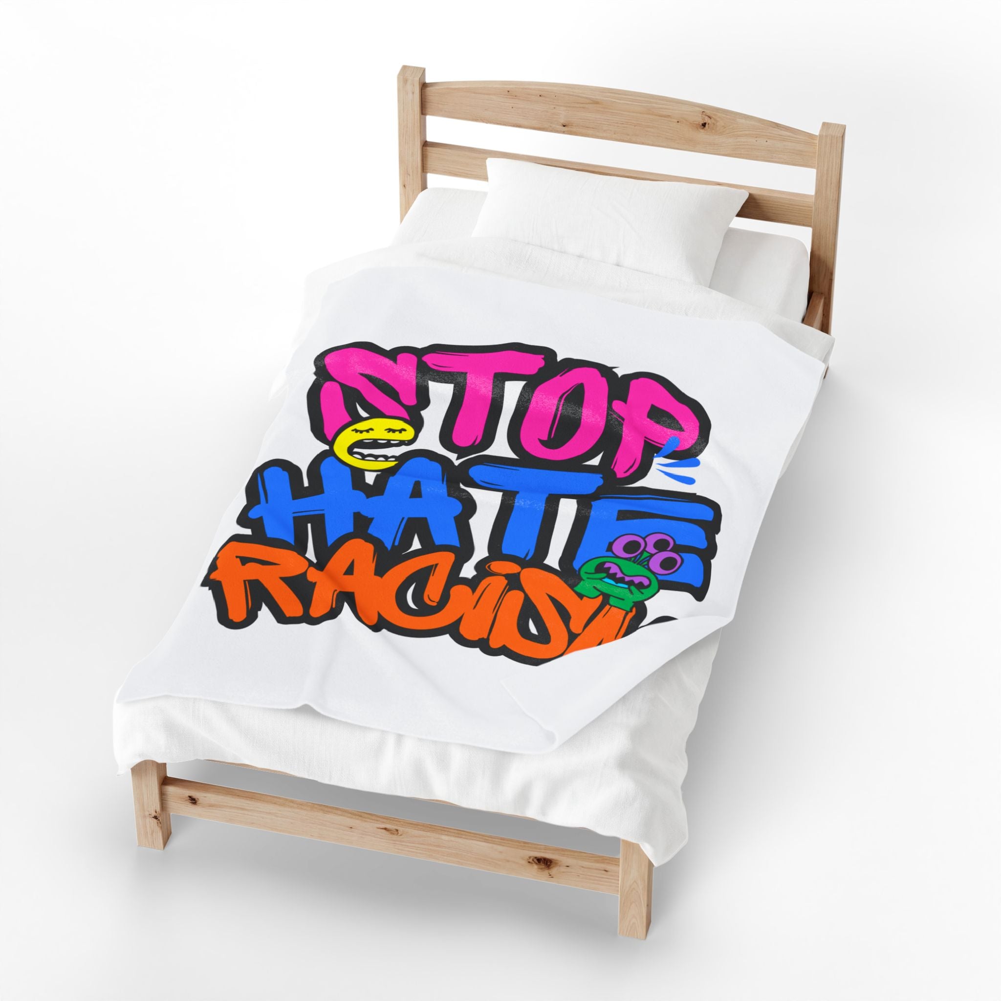 Velveteen Plush Blanket — "Stop Hate Racism" Colorful Graffiti Anti-Racism Throw