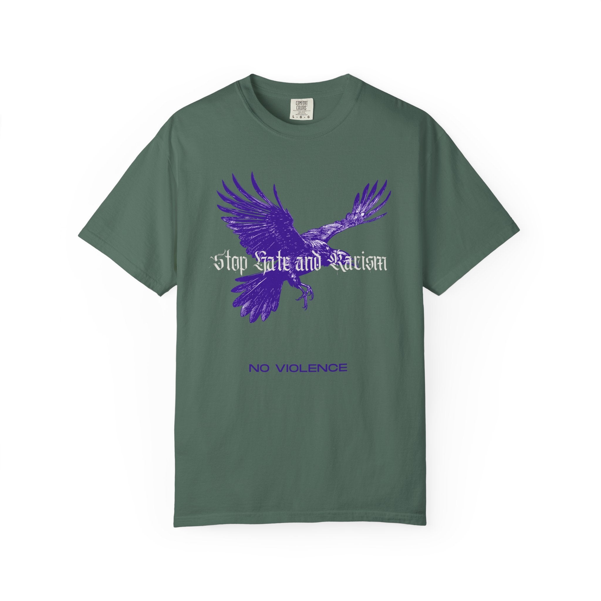 No Violence Raven T-Shirt — Purple Flying Crow Graphic Tee