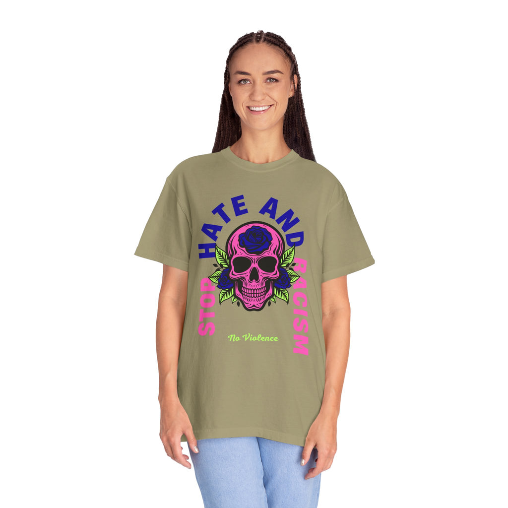 Stop Hate and Racism Skull T-Shirt — Anti-Racism Statement Tee