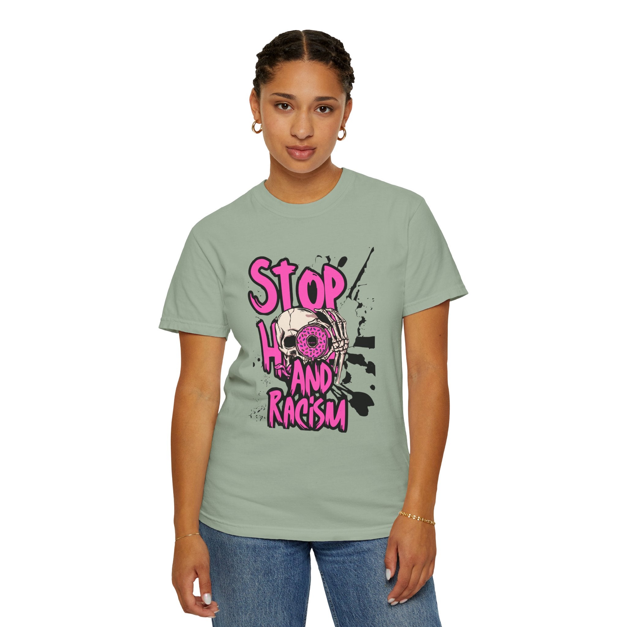 Stop H8 and Racism Graphic Tee — Anti-Racism Skull Donut Protest T-Shirt