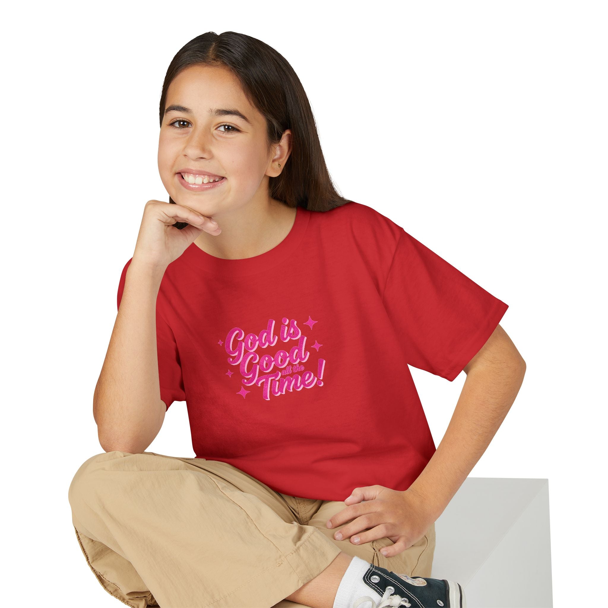 Youth T-Shirt — "God Is Good Time!" Pink Script Faith Tee