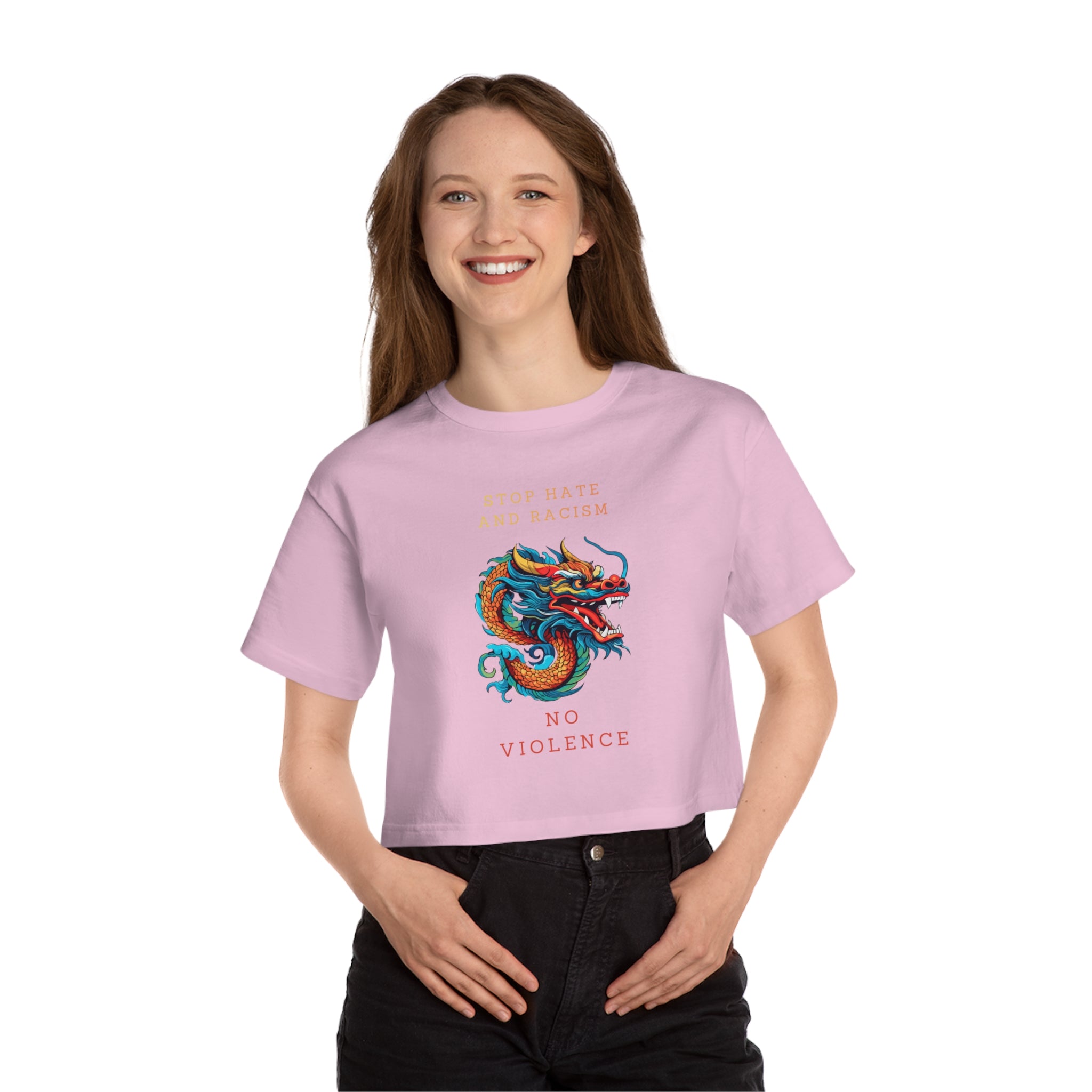 Stop Hate and Racism Dragon Crop Tee — "No Violence" Women's Cropped T-Shirt