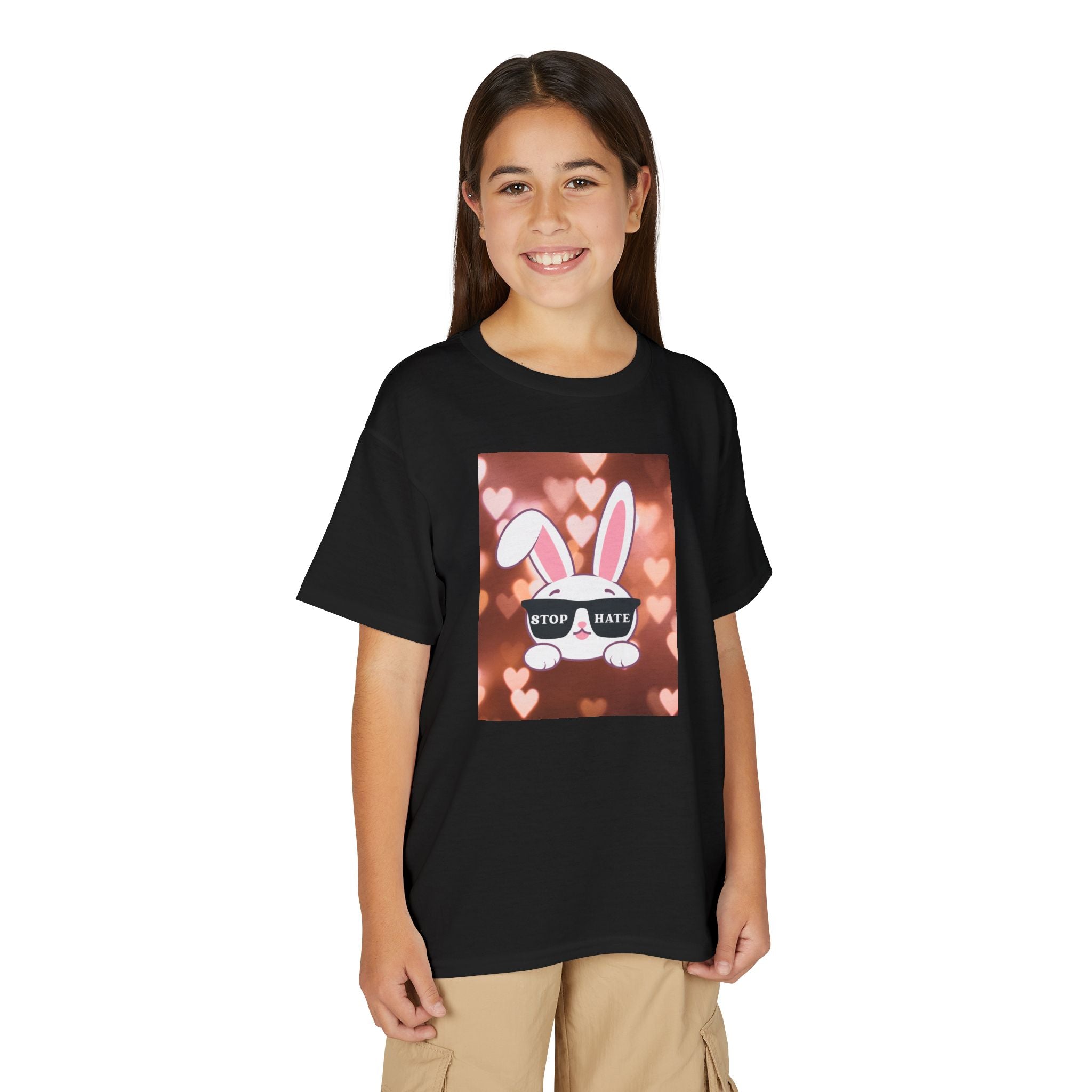 Youth T-Shirt — Cute Bunny with 'Stop the Hate' Sunglasses | Kids Anti-Bullying Tee