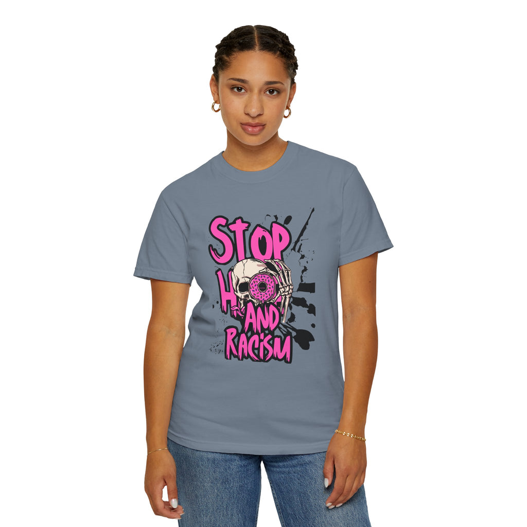 Stop H8 and Racism Graphic Tee — Anti-Racism Skull Donut Protest T-Shirt