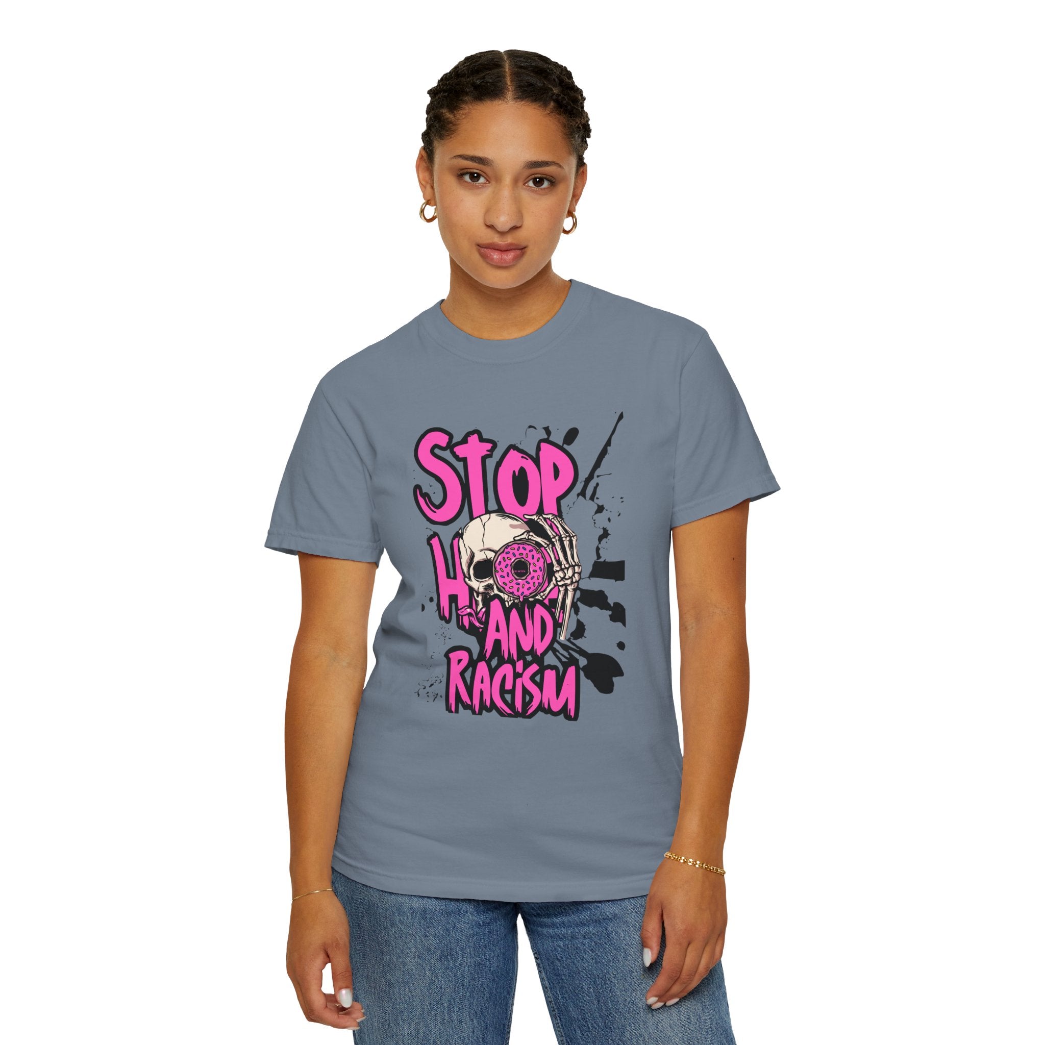 Stop H8 and Racism Graphic Tee — Anti-Racism Skull Donut Protest T-Shirt