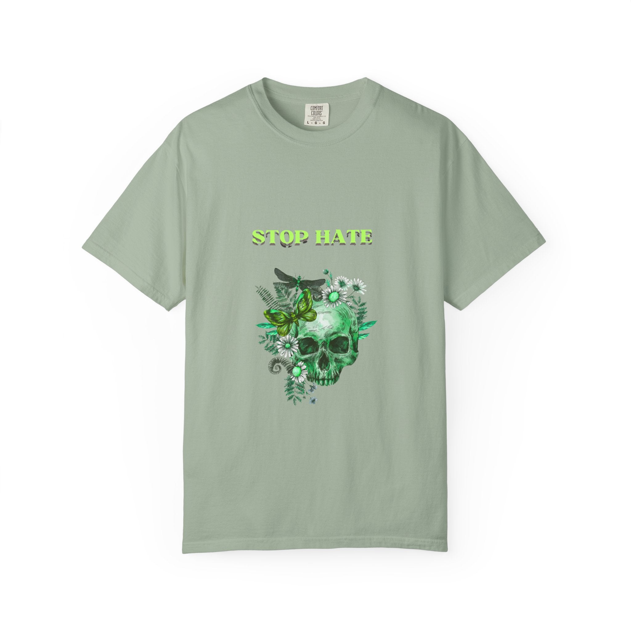 Stop Hate Skull T-Shirt — Green Floral Skull Graphic Tee