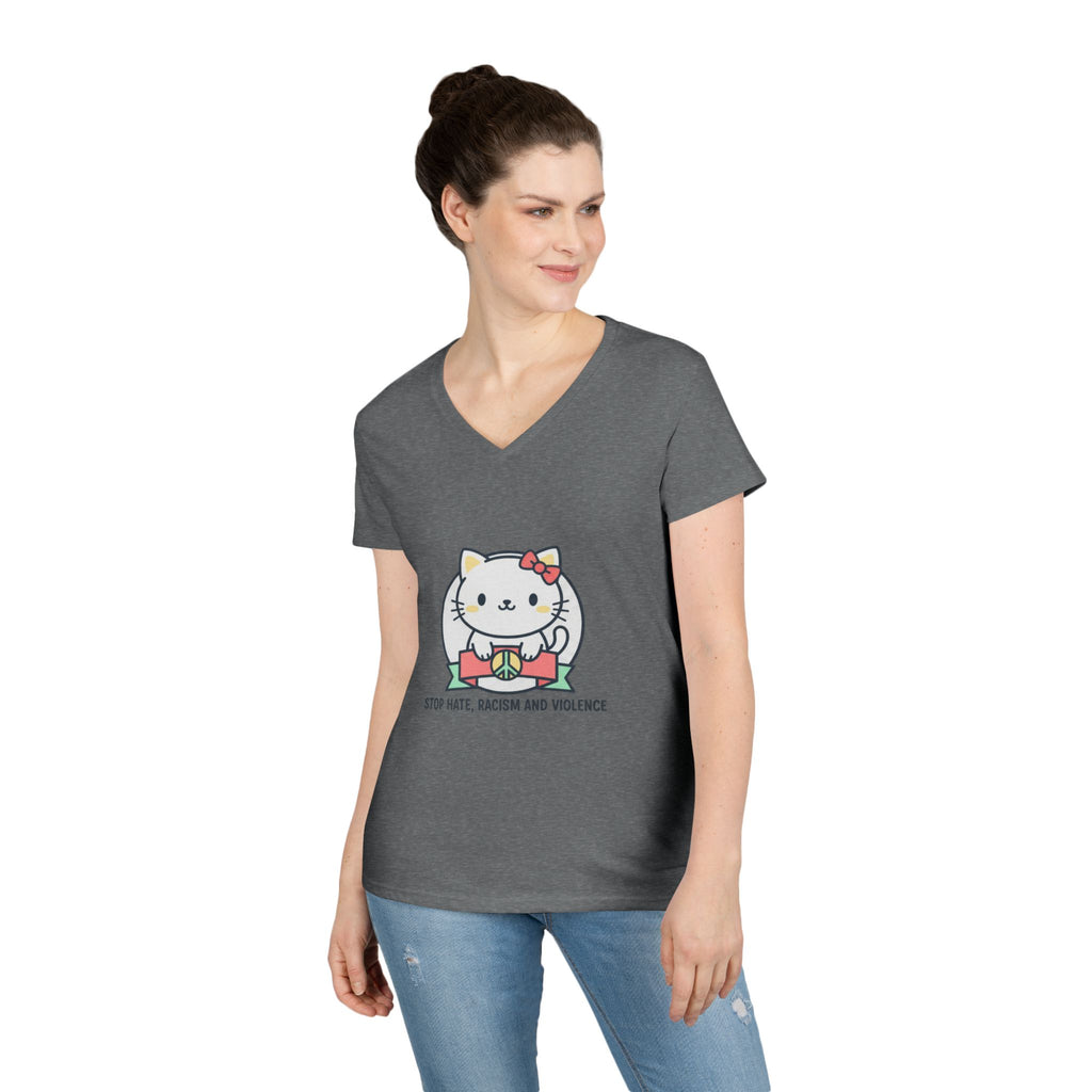 Stop Hate Kitty V-Neck Tee — Cute Anti-Racism Message Shirt