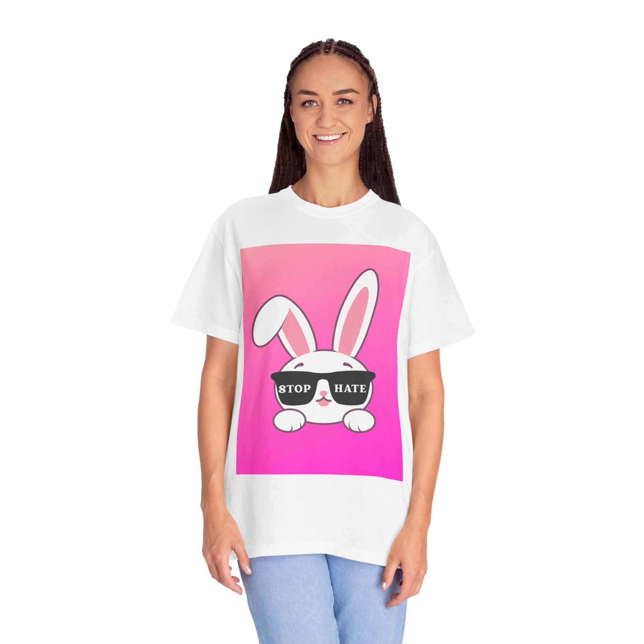 Stop Hate Bunny T‑Shirt — Pink Gradient Anti‑Hate Tee