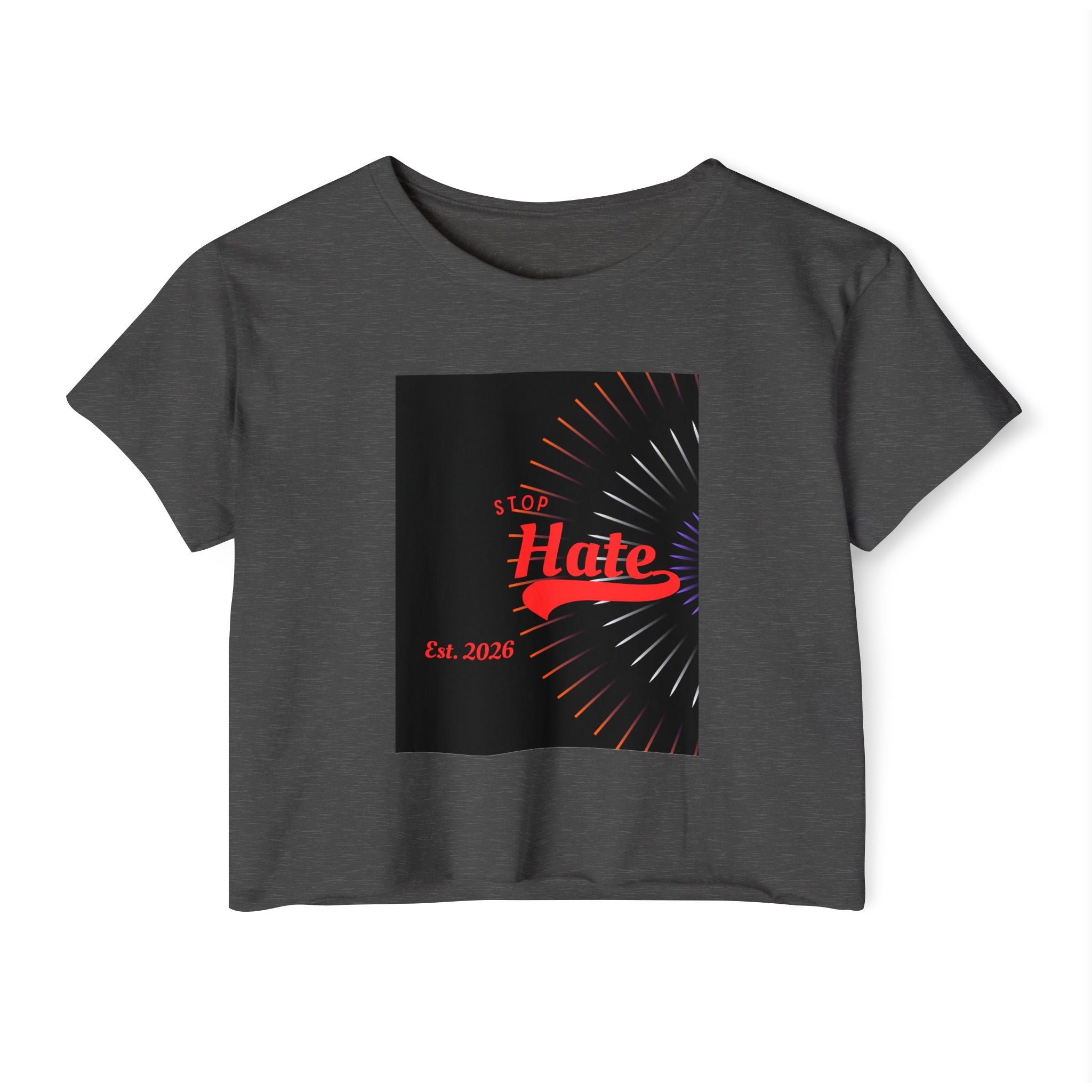 Crop Top — 'Stop Hate' Festival Crop Top, Retro Red Script Graphic