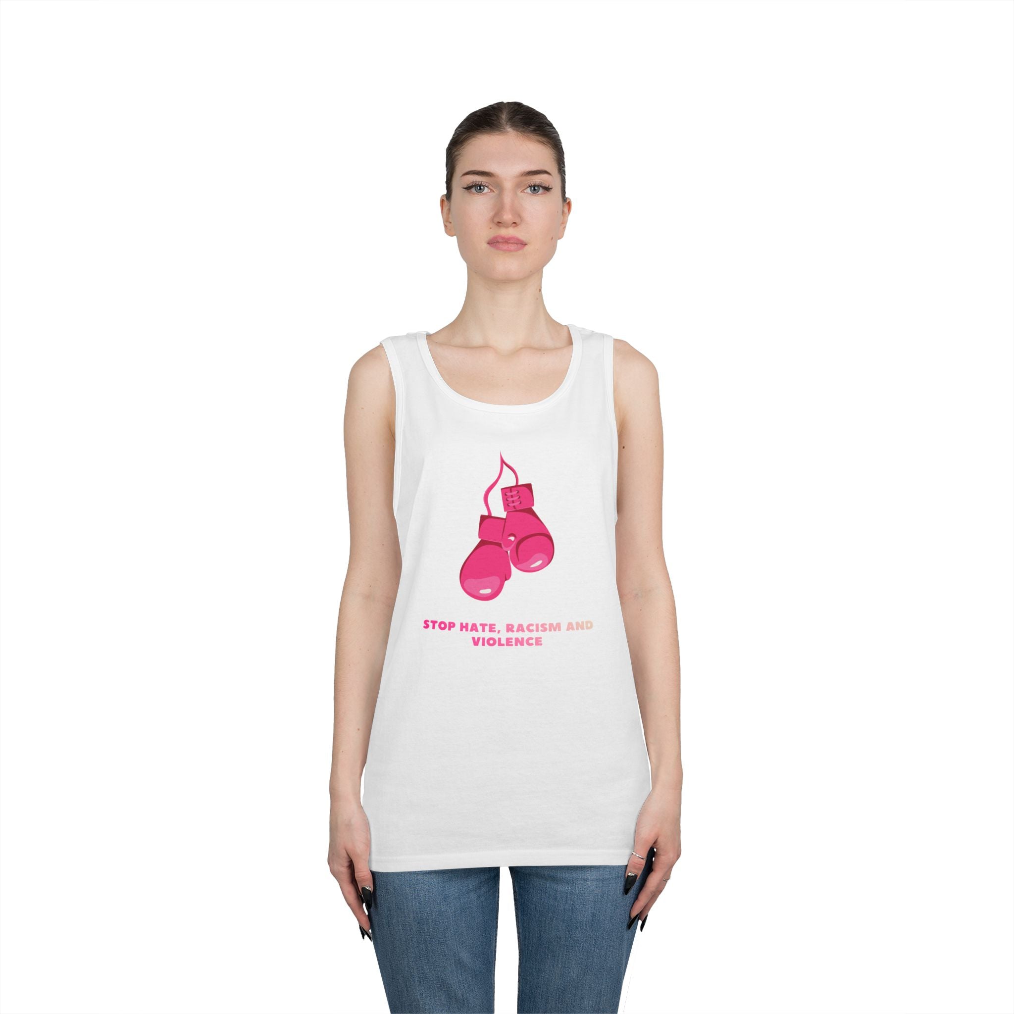 Pink Boxing Gloves Tank Top – “Stop Hate, Racism and Violence” Graphic Tank
