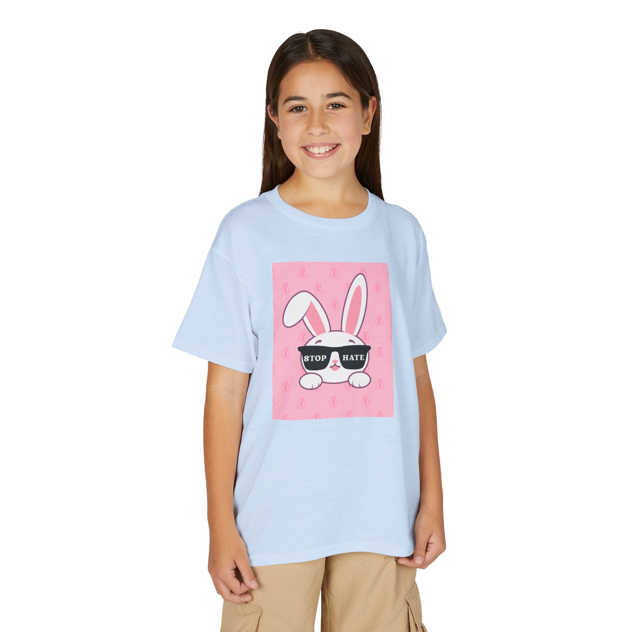 Youth T-Shirt — Pink Bunny Wearing "Stop Hate" Sunglasses Kids Tee