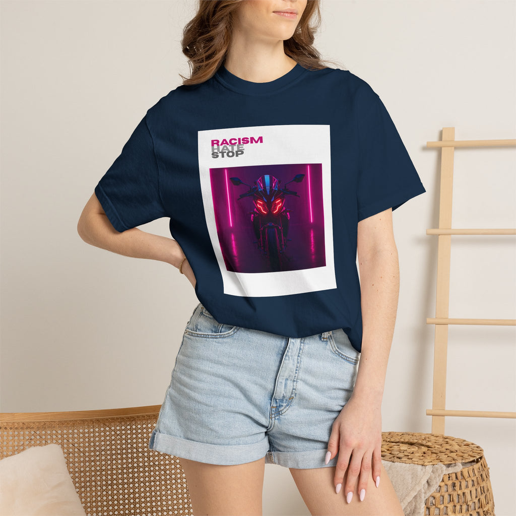 Anti-Racism Graphic T-Shirt — “Racism Stop” Neon Robot Design