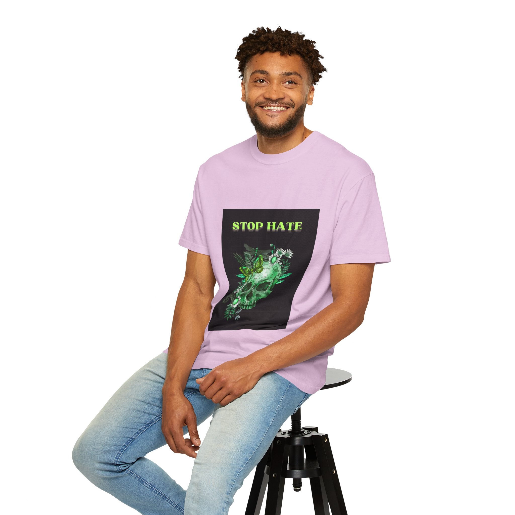 Stop Hate Skull T-Shirt — Green Floral Skull Graphic Tee