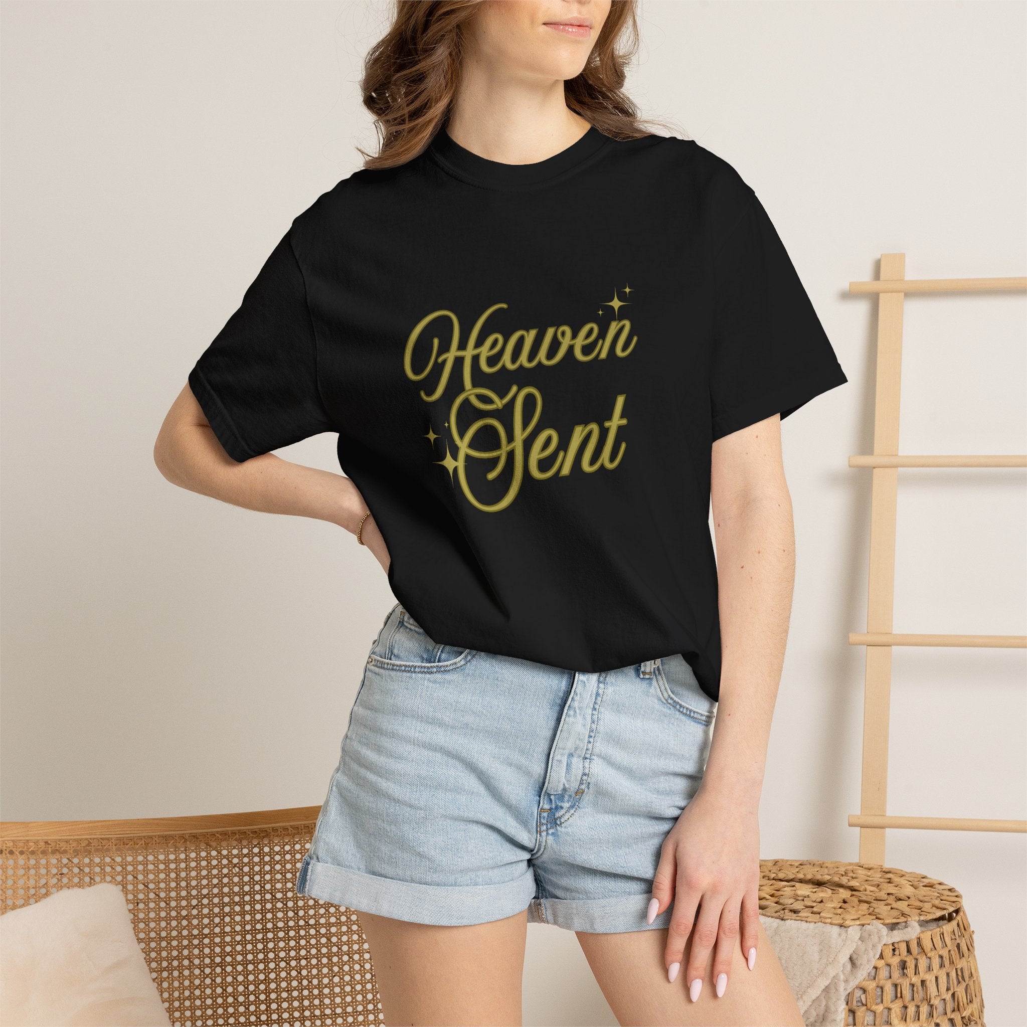 Heaven Sent Graphic Tee – Script Text Logo Cotton T-Shirt