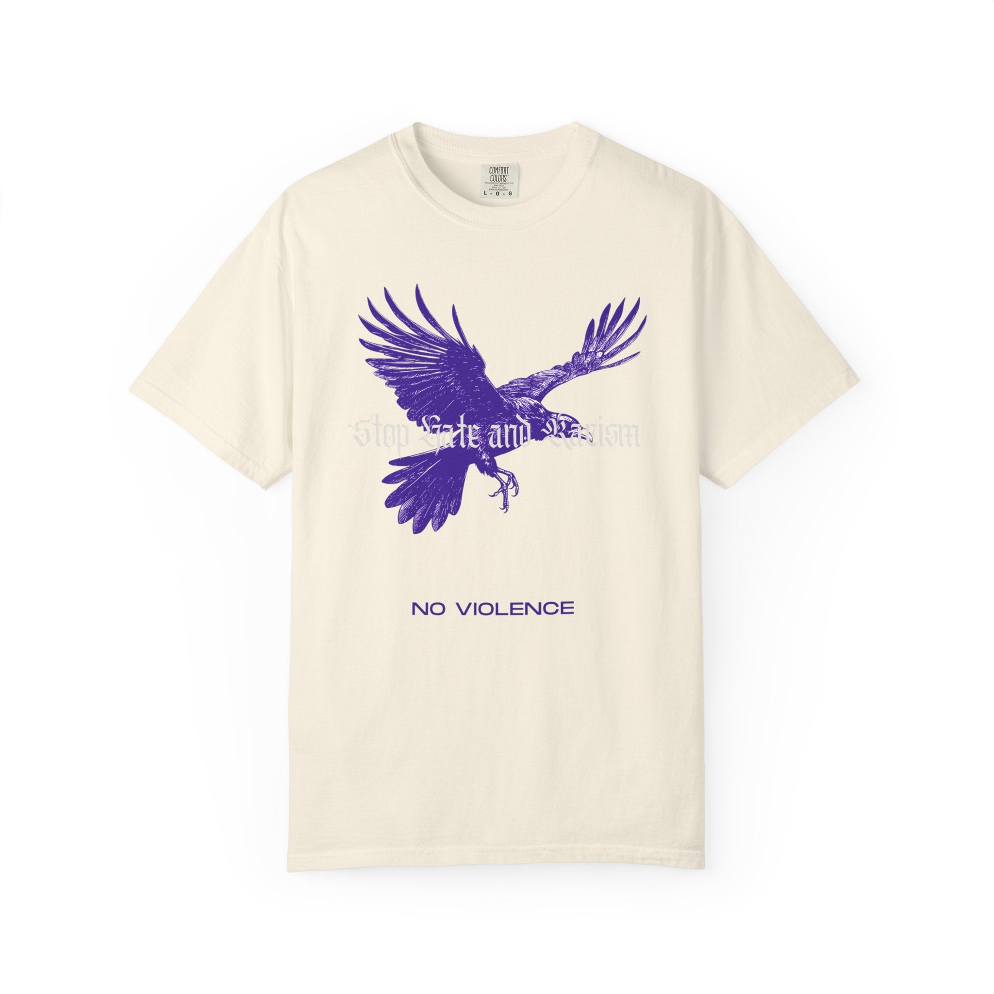 No Violence Raven T-Shirt — Purple Flying Crow Graphic Tee