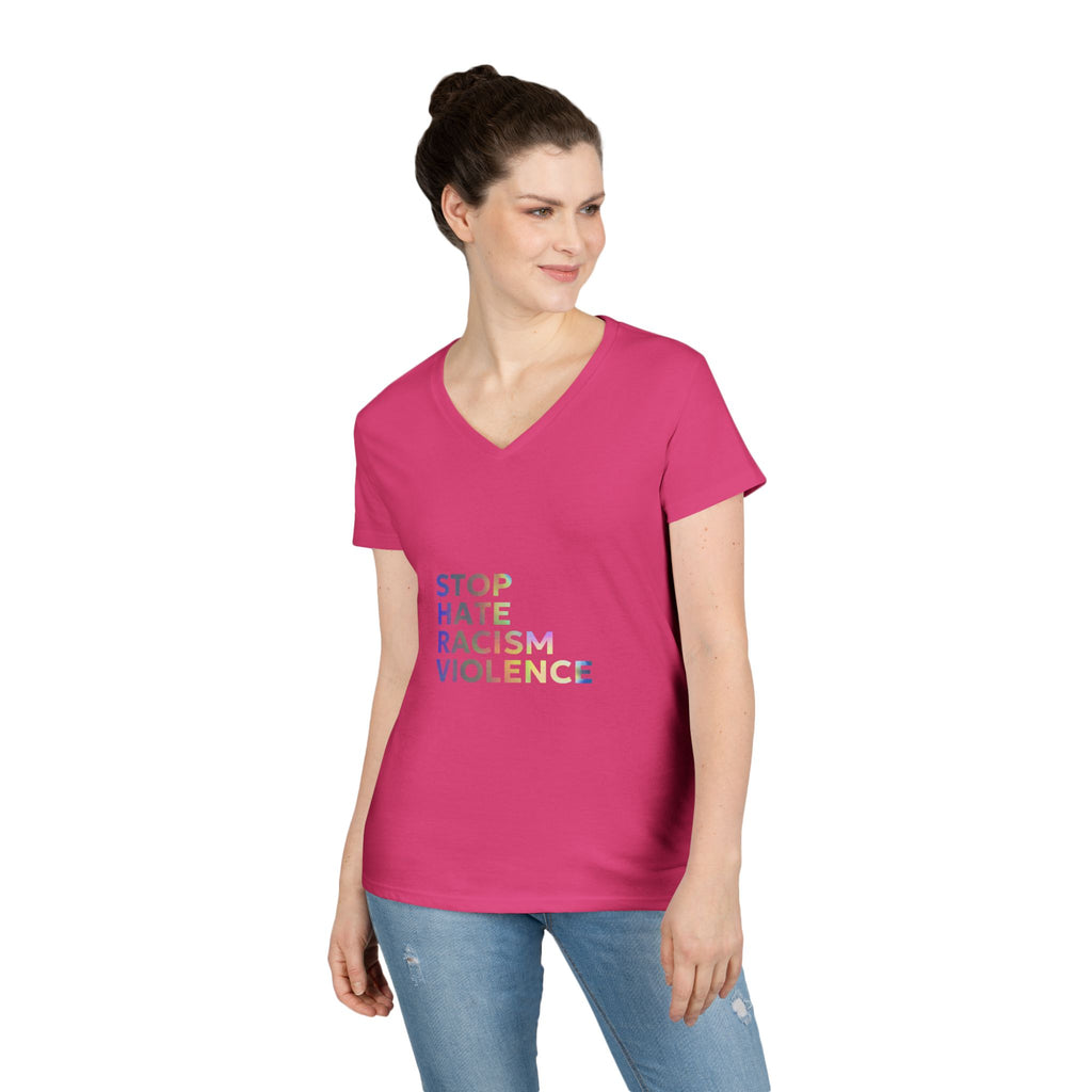 Stop Hate Racism Violence V-Neck Tee — Women’s Social Justice T-Shirt