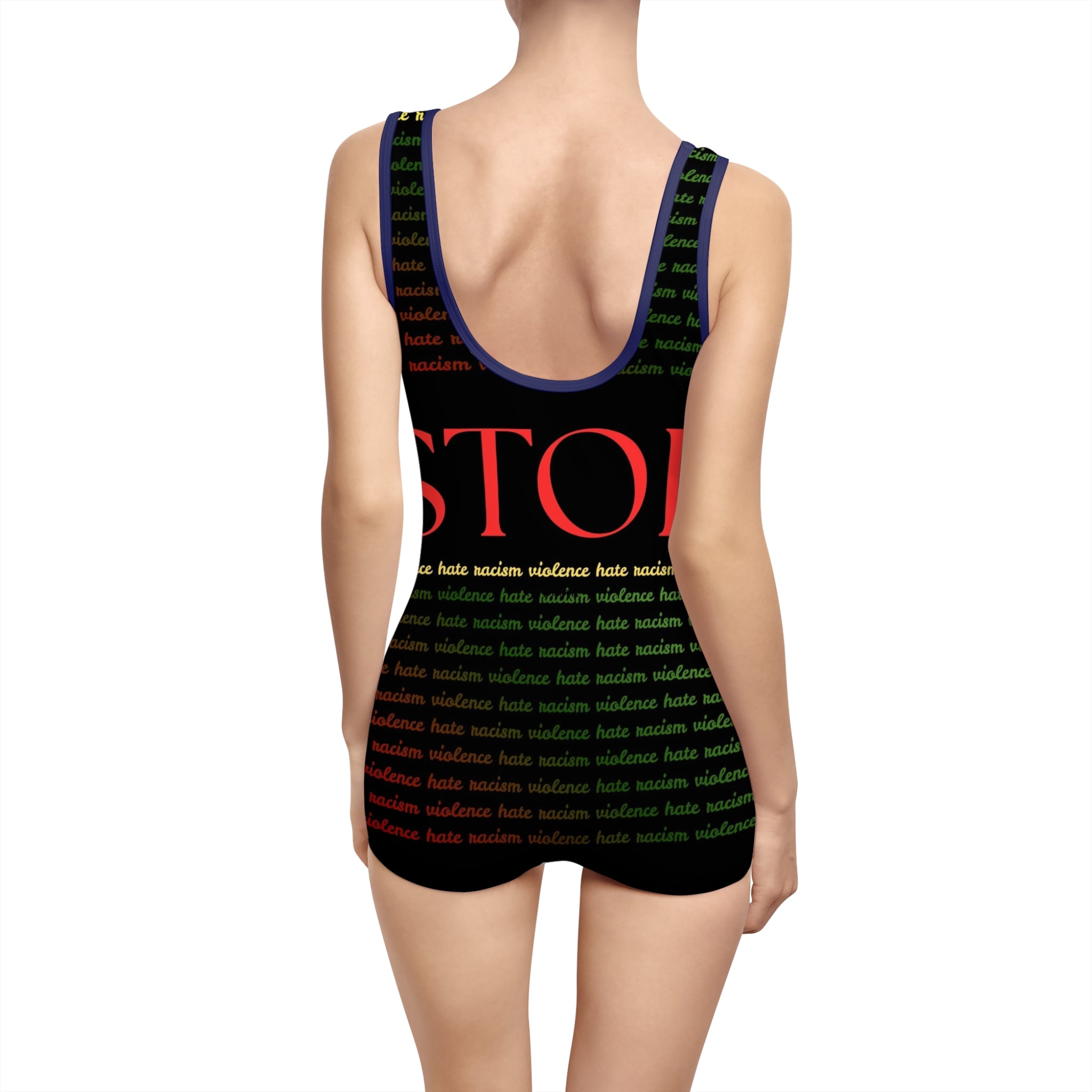 Vintage "Stop Racism" One-Piece Swimsuit — Retro Activist Bathing Suit