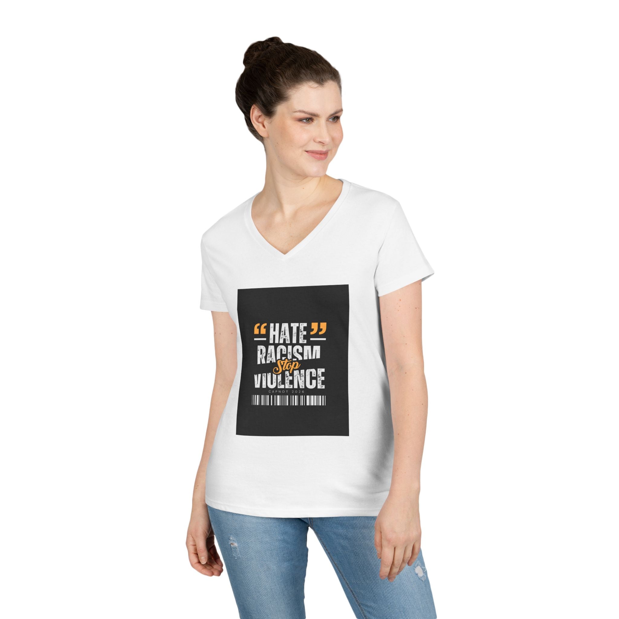 Ladies' V-Neck T-Shirt — "Hate Racism, Stop Violence" Statement Tee