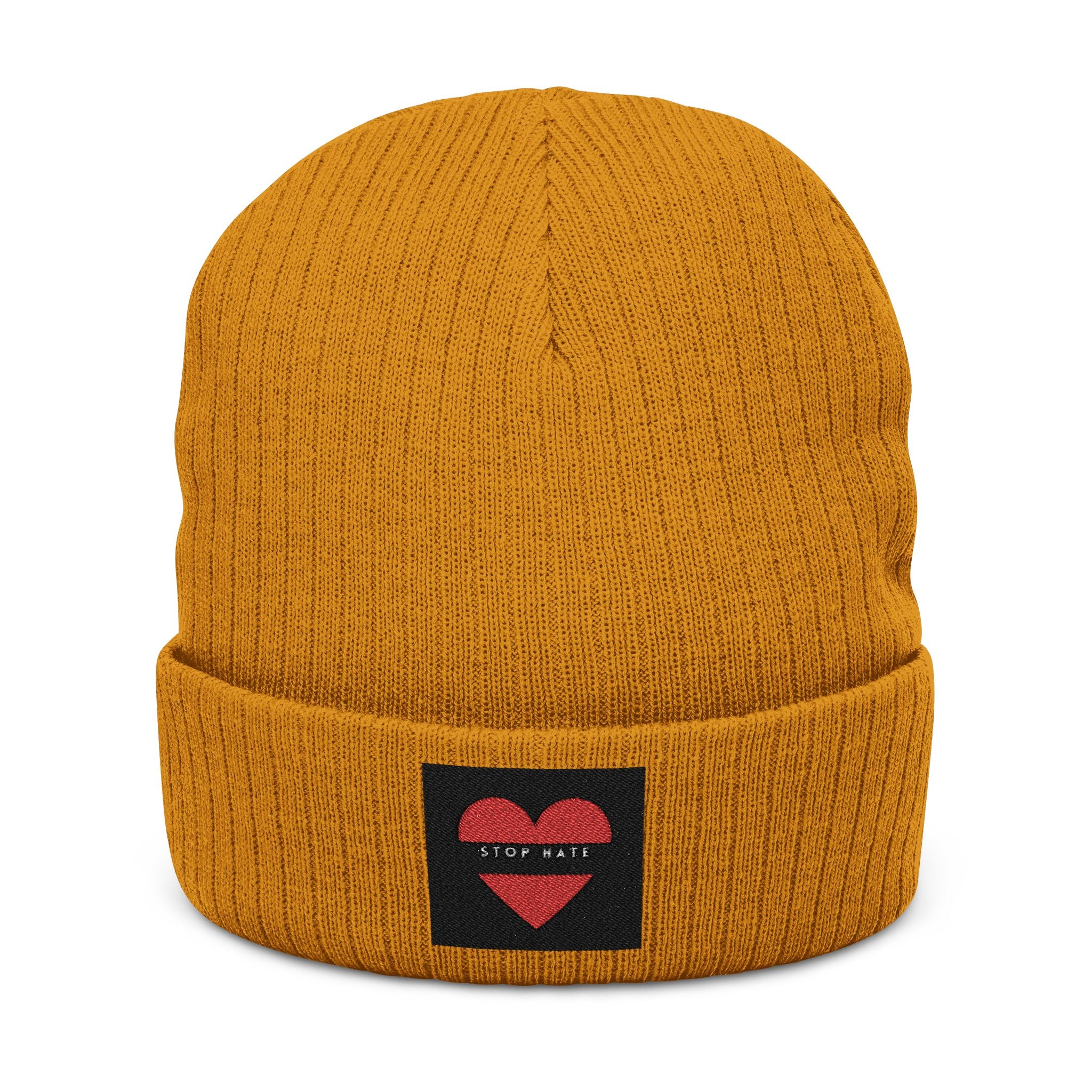 Embroidered Heart Patch Ribbed Knit Beanie — "Stay Nice"