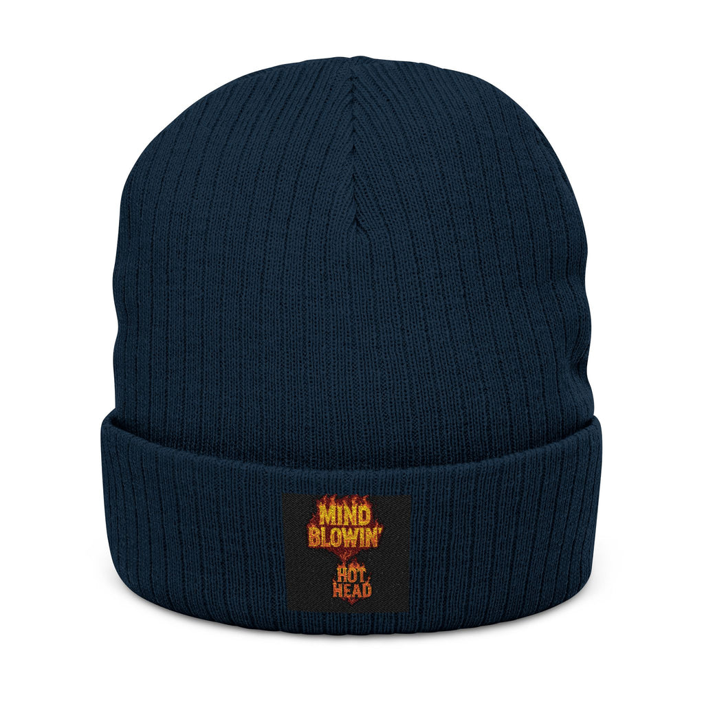 Embroidered 'Mind Blown' Flame Beanie — Ribbed Knit Winter Hat