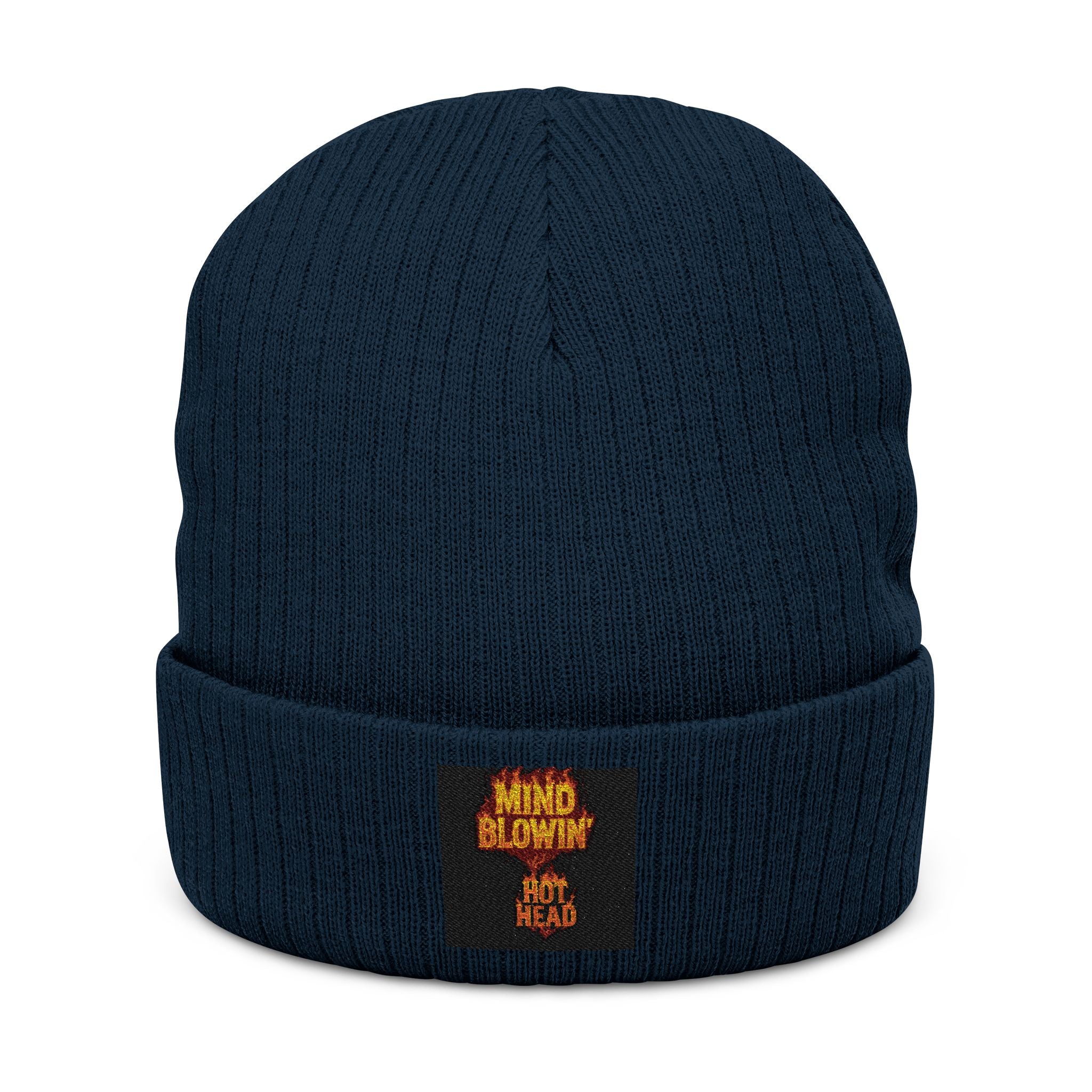 Embroidered 'Mind Blown' Flame Beanie — Ribbed Knit Winter Hat