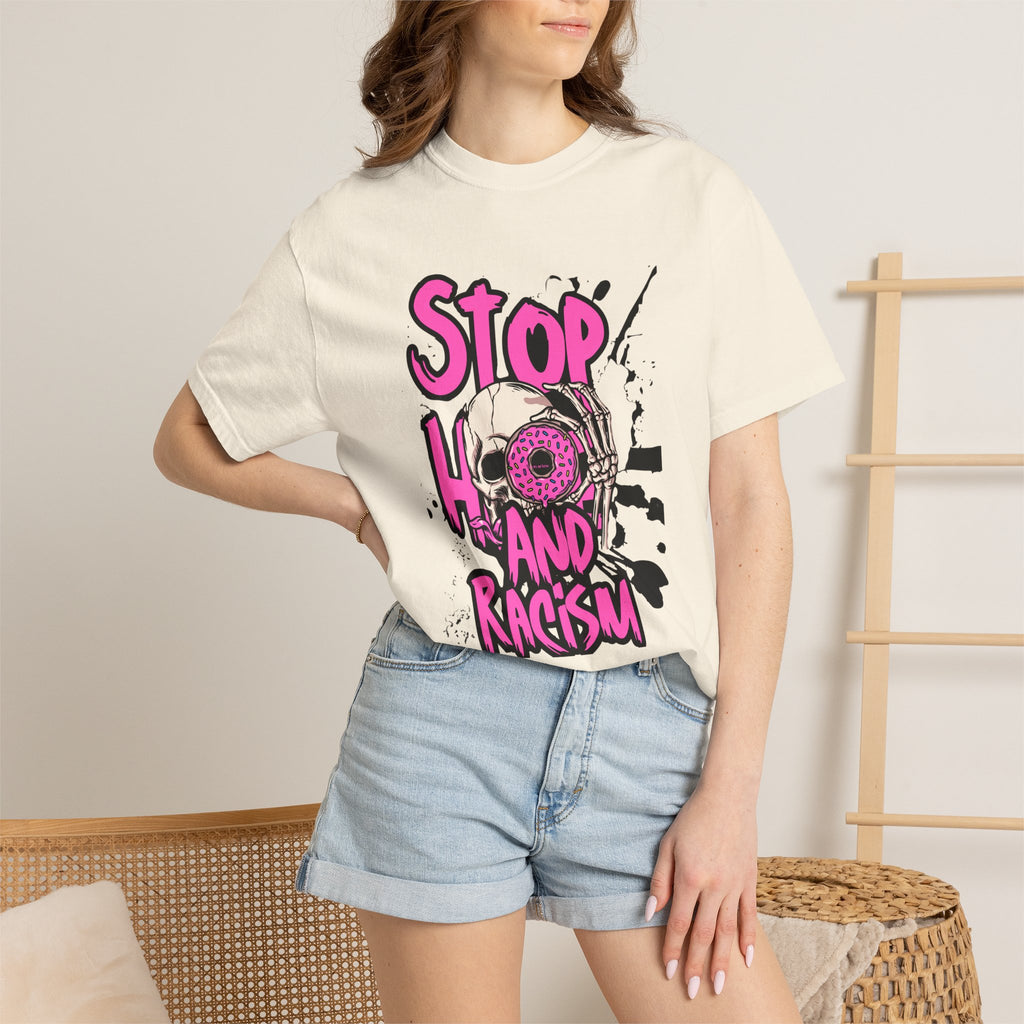 Stop H8 and Racism Graphic Tee — Anti-Racism Skull Donut Protest T-Shirt