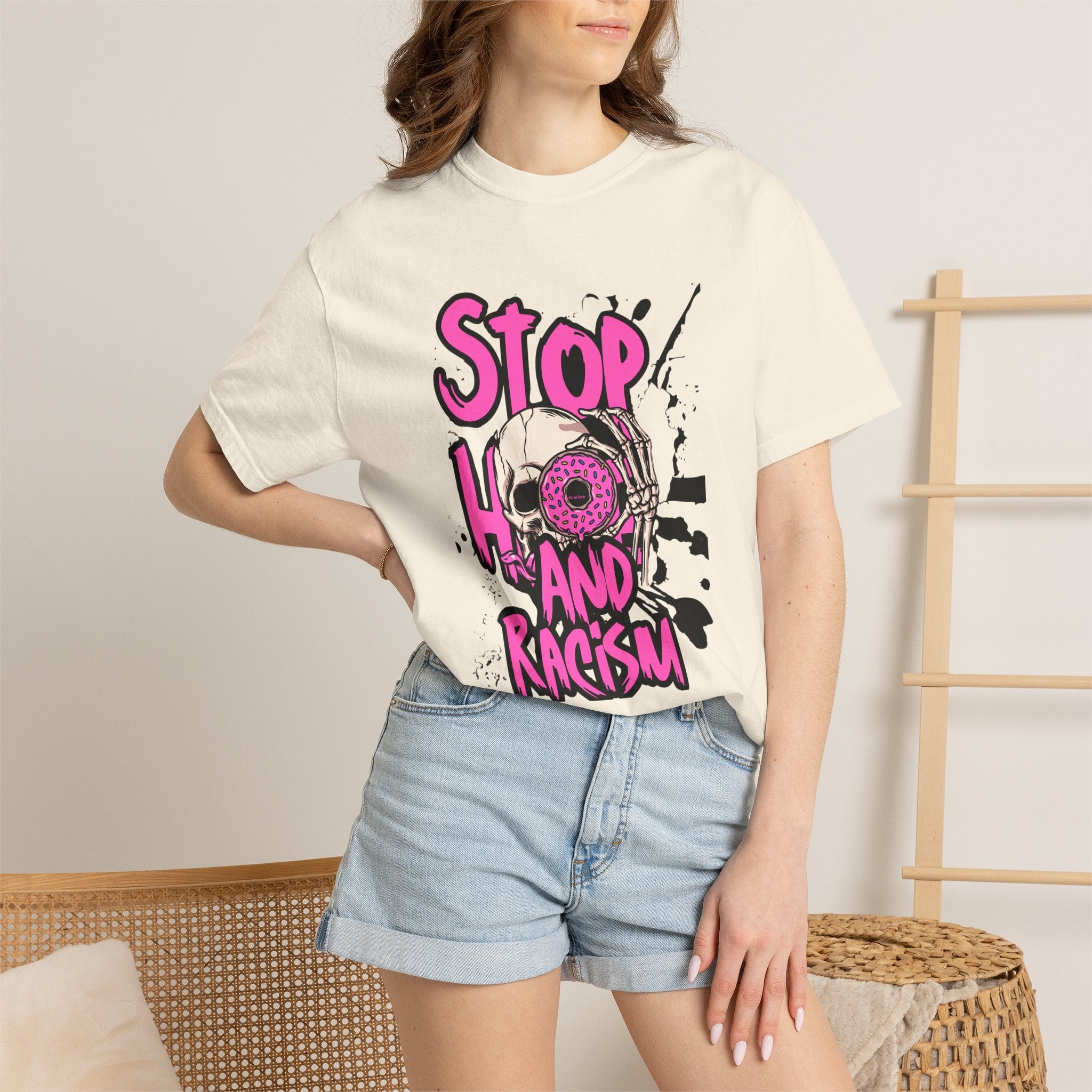 Stop H8 and Racism Graphic Tee — Anti-Racism Skull Donut Protest T-Shirt