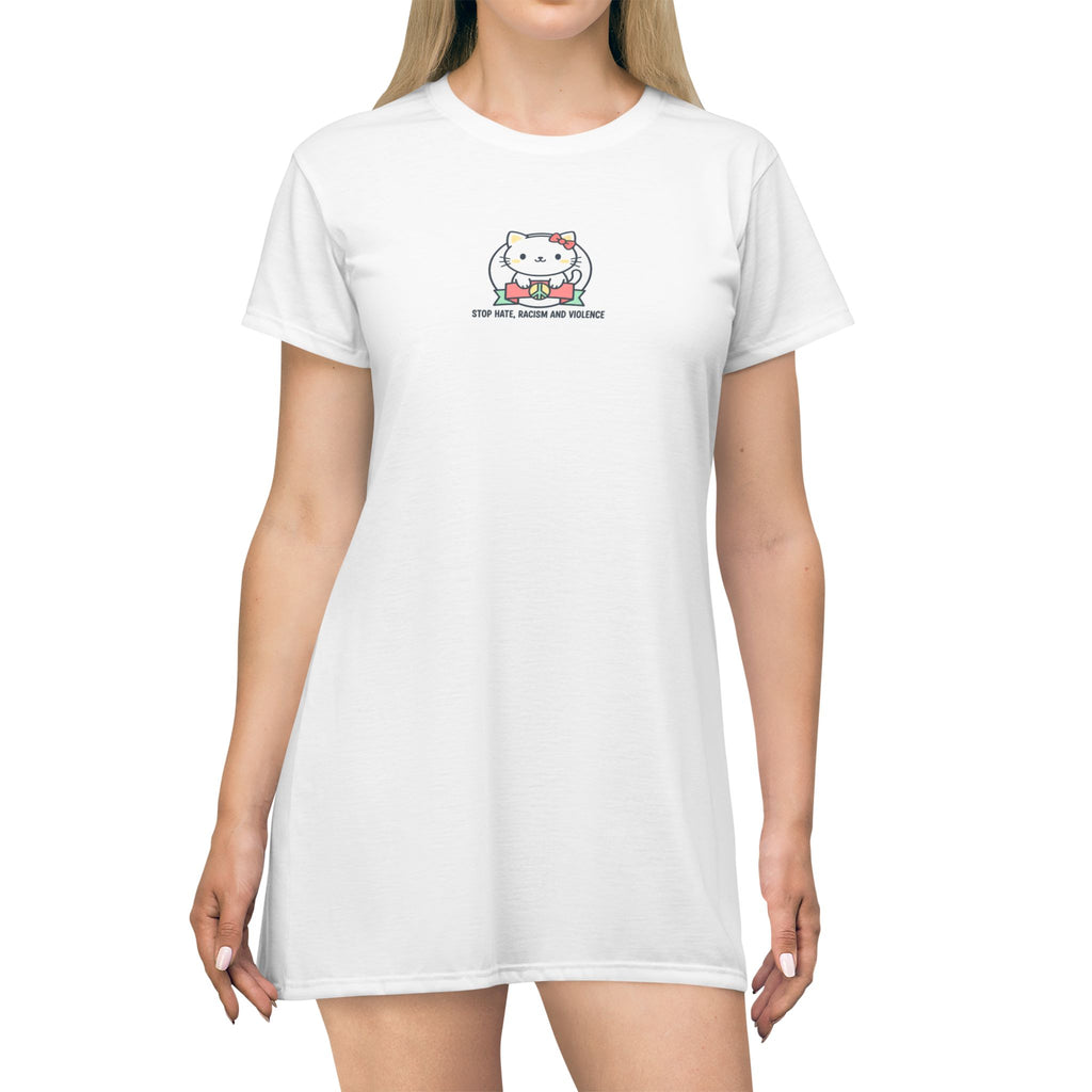 Cute Cat Graphic T-Shirt Dress — 'Love and Pizza' Kawaii Cat AOP Dress