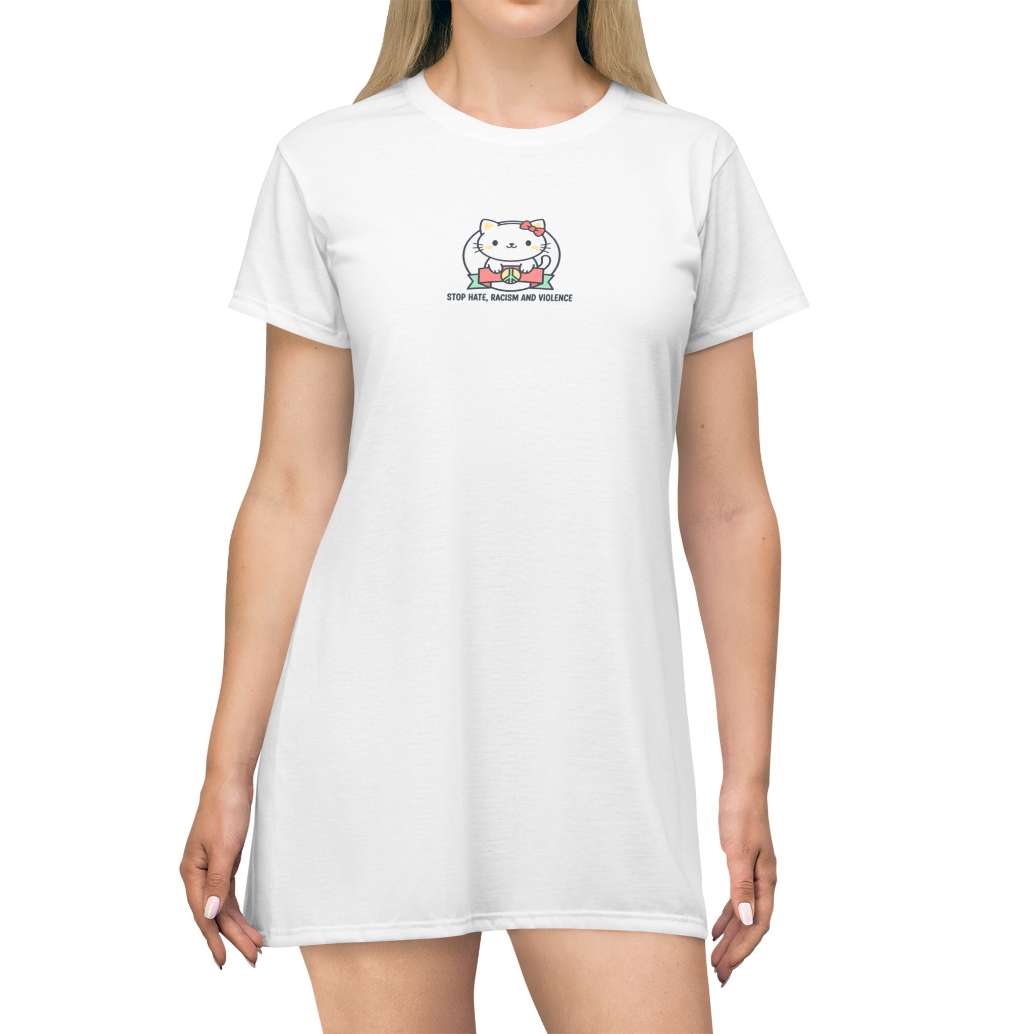 Cute Cat Graphic T-Shirt Dress — 'Love and Pizza' Kawaii Cat AOP Dress