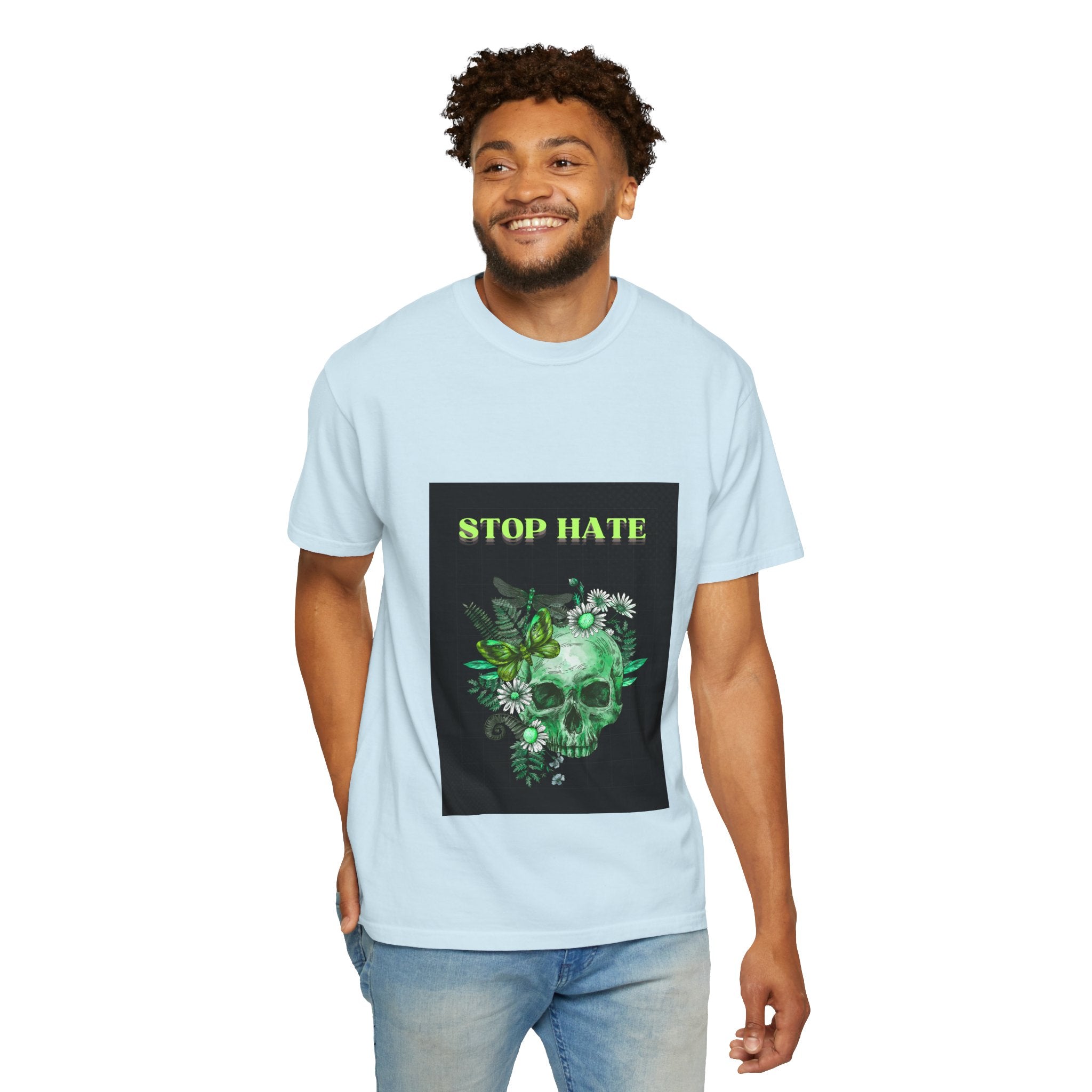 Stop Hate Skull T-Shirt — Green Floral Skull Graphic Tee