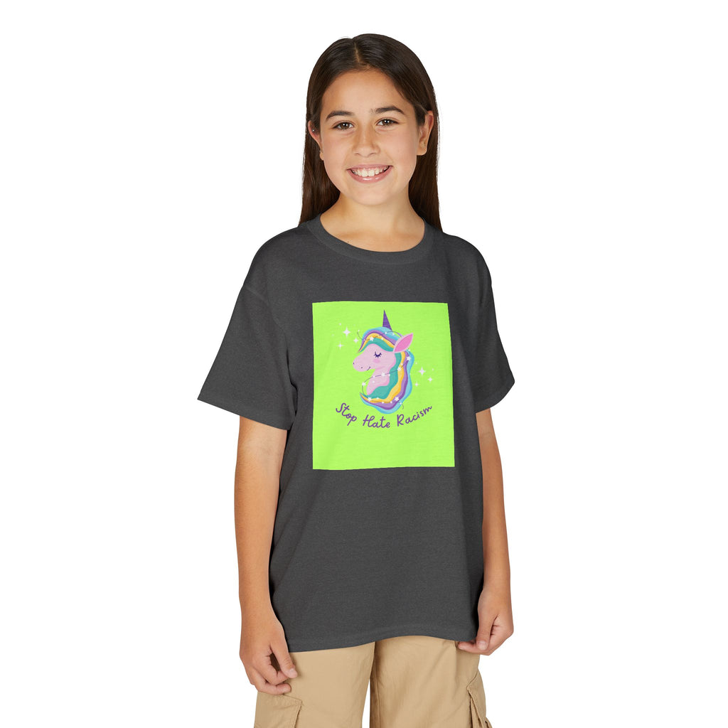 Youth T-Shirt — Rainbow Unicorn “Stop Hate Racism” Graphic