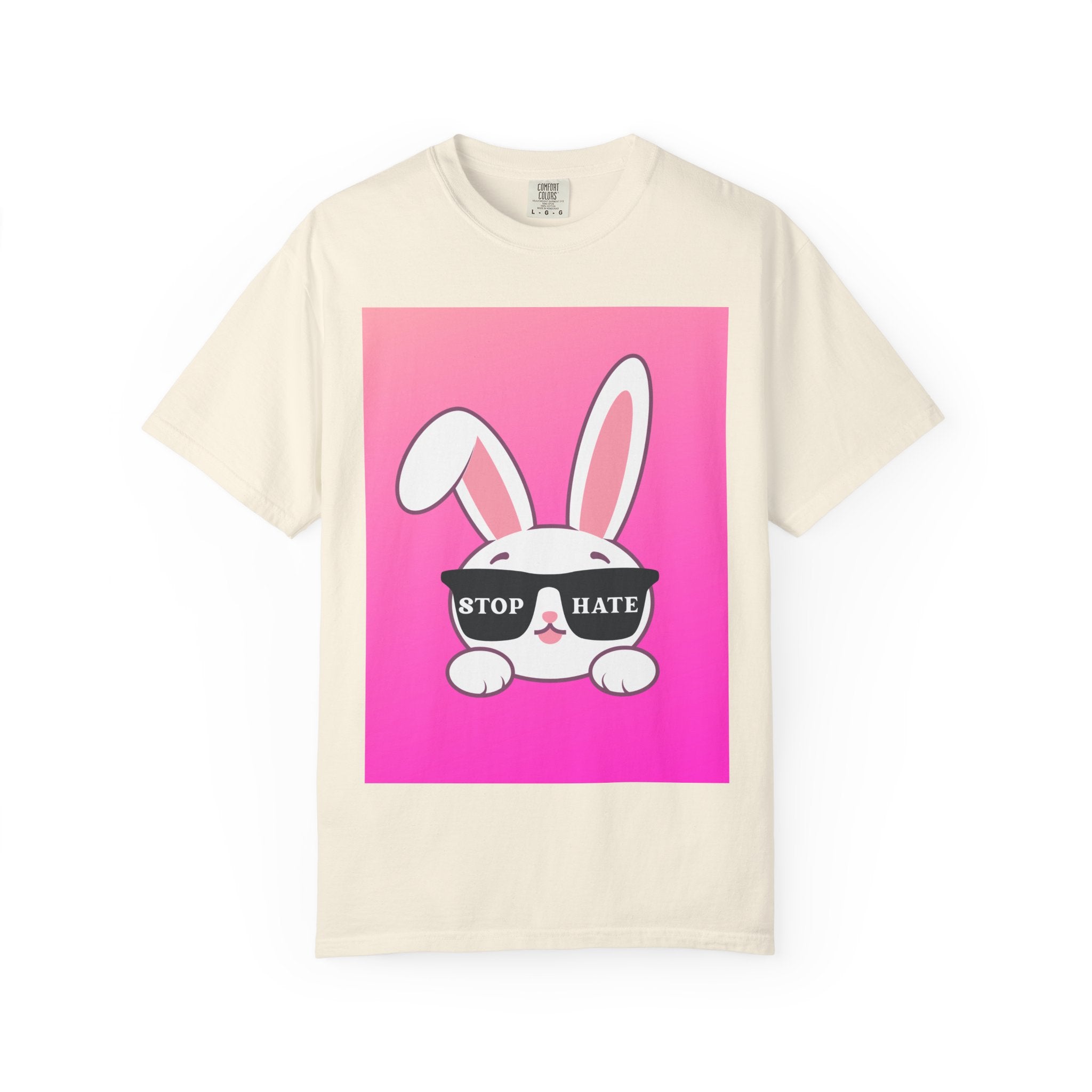 Stop Hate Bunny T‑Shirt — Pink Gradient Anti‑Hate Tee